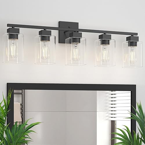 Espird Lámpara de tocador de baño de 5 luces, color negro mate, diseño cuadrado y certificación UL, accesorios de iluminación negros de 31 pulgadas
