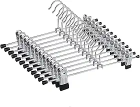 Kit 12 Cabides de Metal com Presilhas Ajustáveis Antiferrugem – Gancho Giratório 360°, Revestimento Emborrachado, Ideal para Roupas Delicadas, Calças e Saias