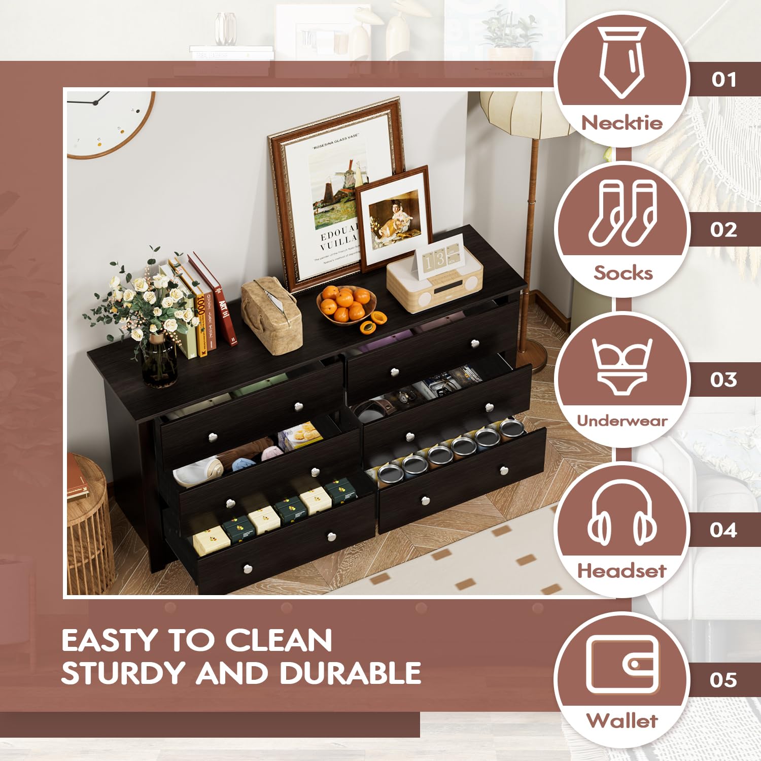 YESHOMY Black Dresser for Bedroom with 6 Drawers, 47.2" Wide Modern Chest of Drawers, Wooden Dresser, Storage Organizer for Living Room, Hallway