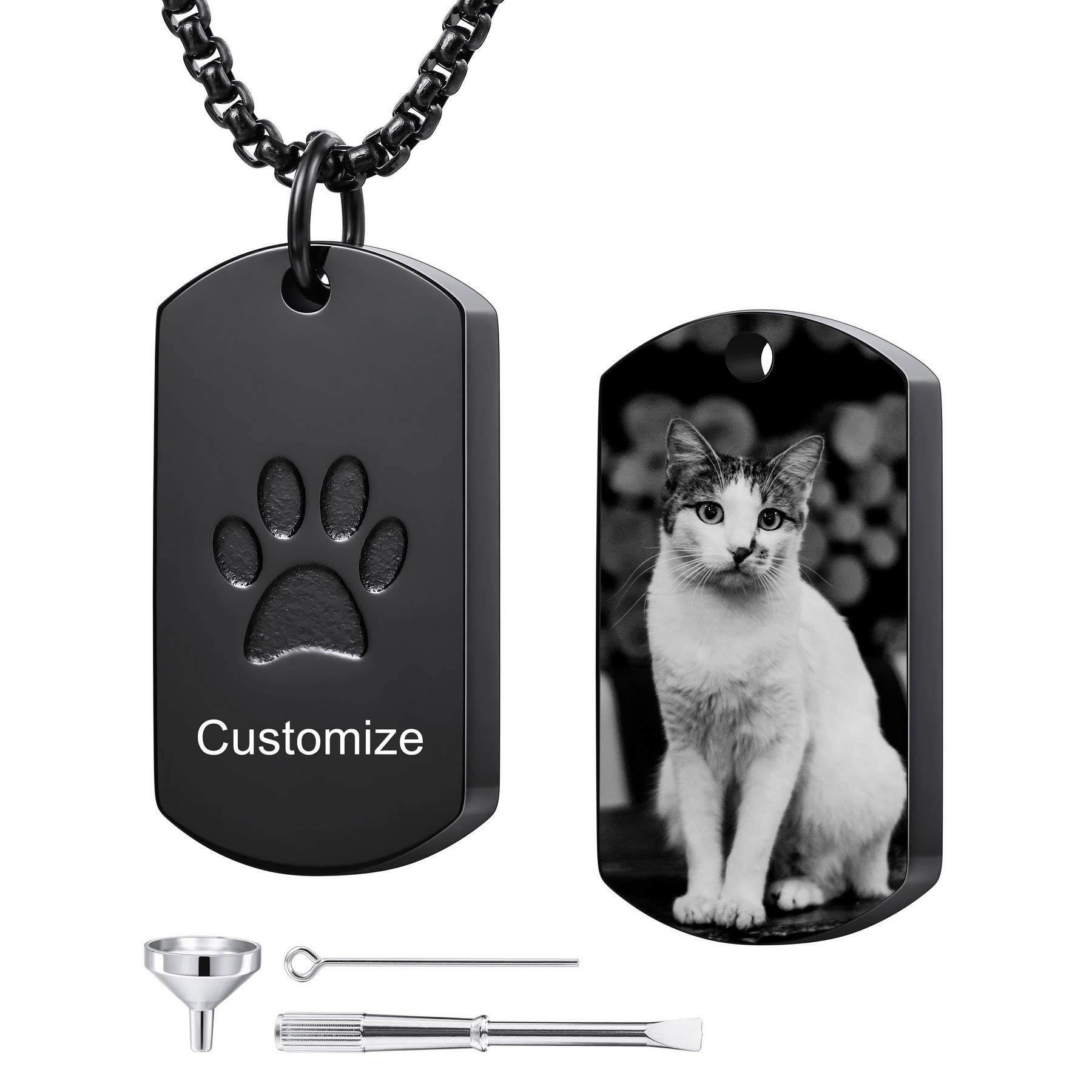 MeMeDIY Personalized Paw Print Dog Tag Pendant Urn Ashes Necklace Engraving Photo/Name/Text for Women Men Boy Girl Stainless Steel Pet Dog Cat Memorial Jewelry Keepsake Cremation with Funnel Kit