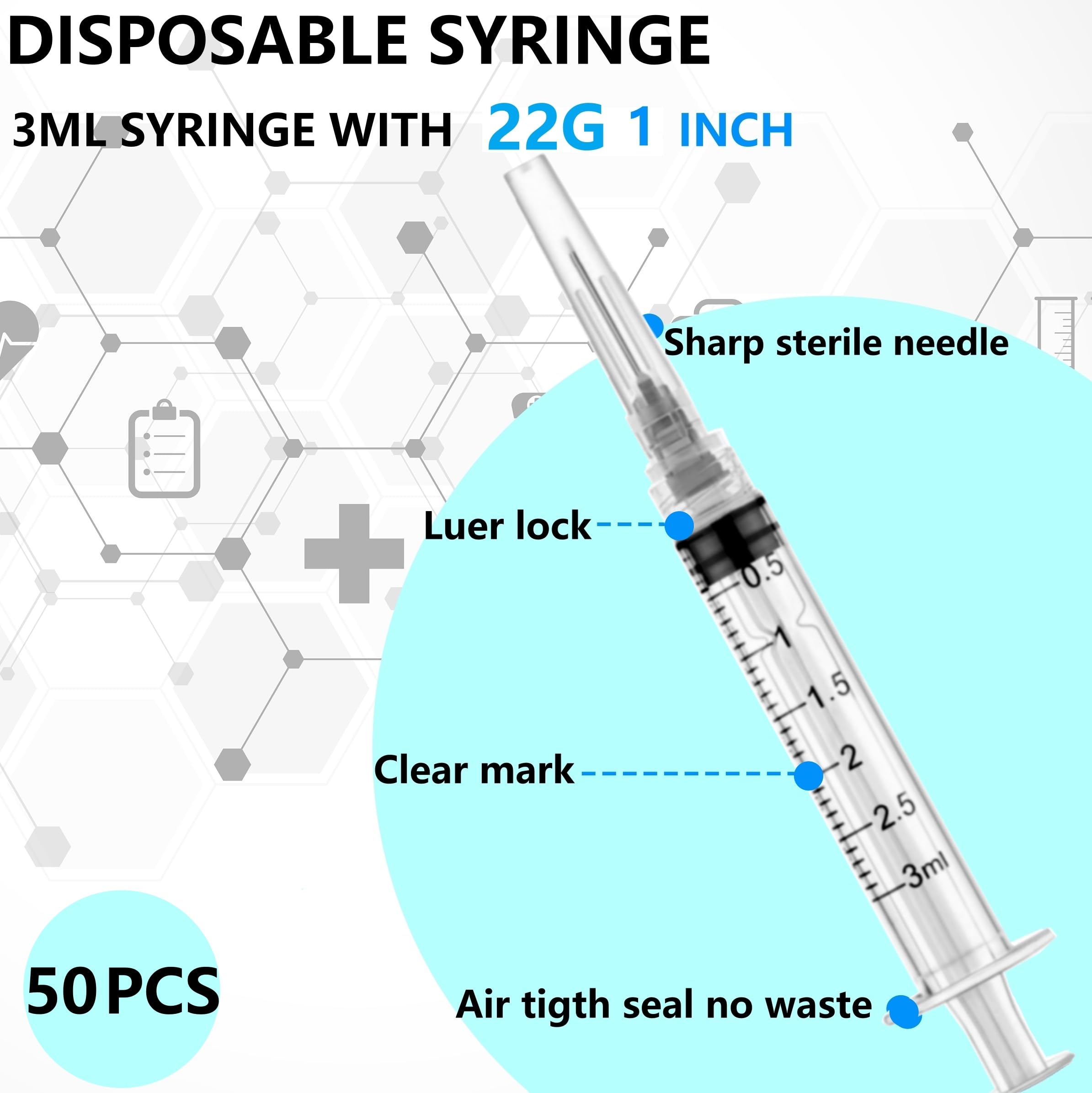 Lot de 50 ustensiles de laboratoire 22 Ga 3 ml, emballés individuellement