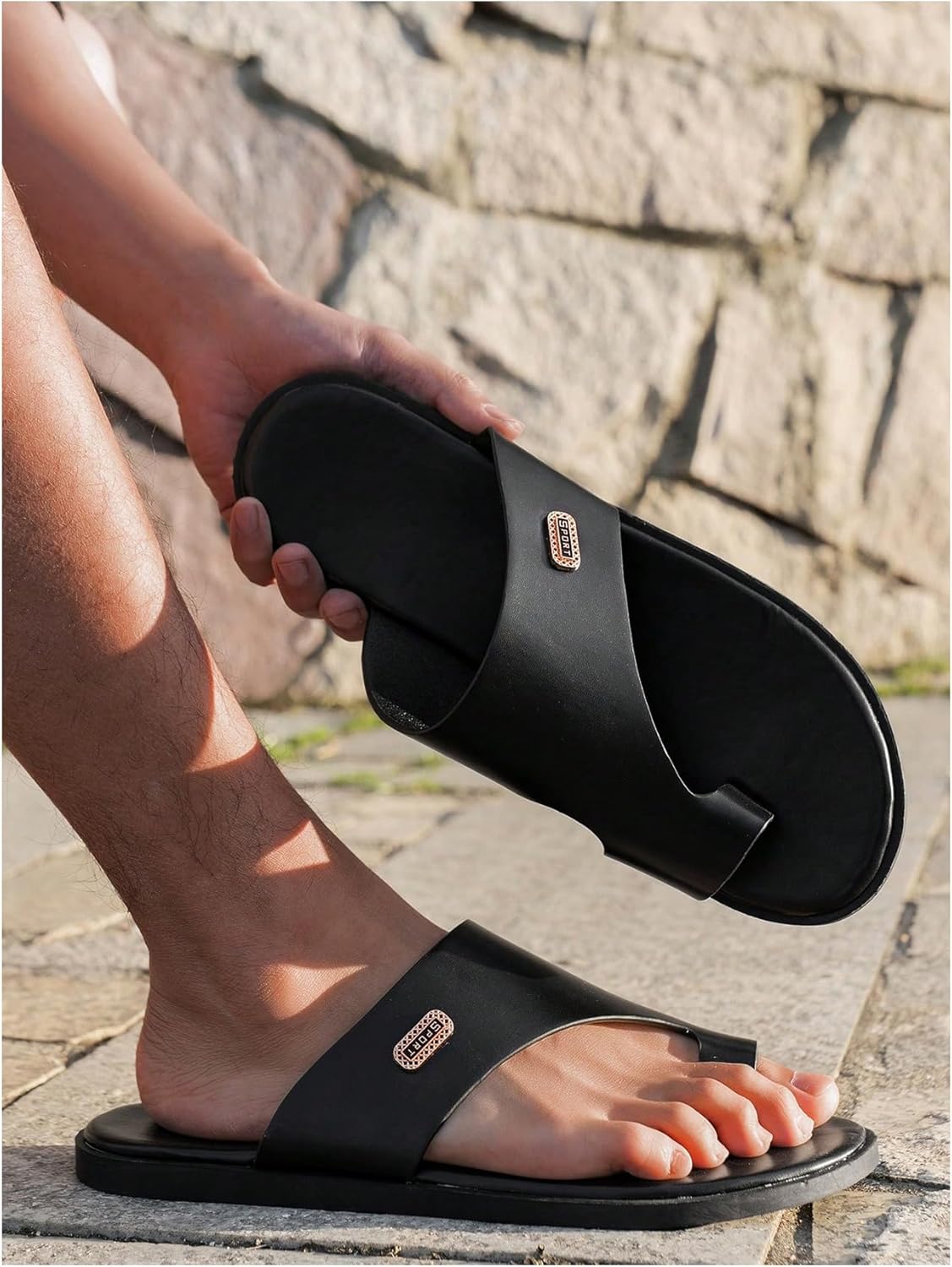 GORGLITTER Men's House Slippers Leather Slide 2025 Footwear Round Flip Flops Pu Slip on Sandals - Image 2