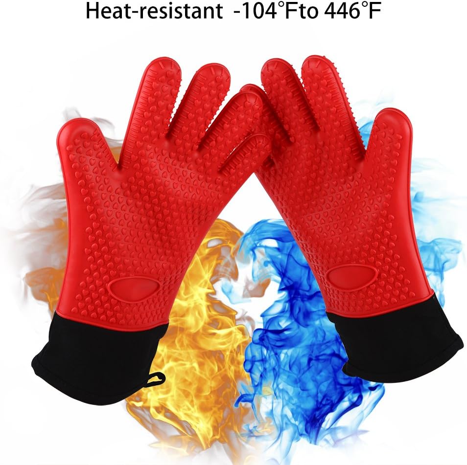 Silicone BBQ /Cooking Gloves with Cotton Lining - Best Heat Resistant Oven Gloves Long Wrist Protection Waterproof Non-slip Grill Gloves Oven Mitts for Grilling Cooking, Baking, Smoking(Pair)