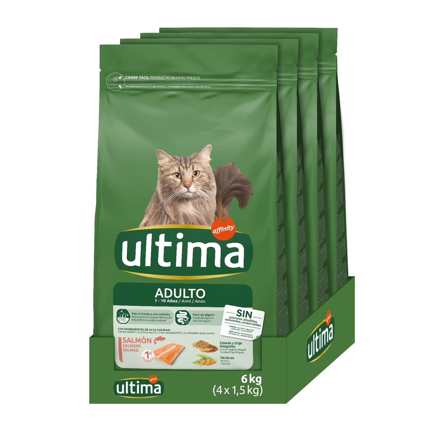 Ultima Adult Salmón, Comida seca para gatos, Pack de 4 x 1,5kg, Total 6kg