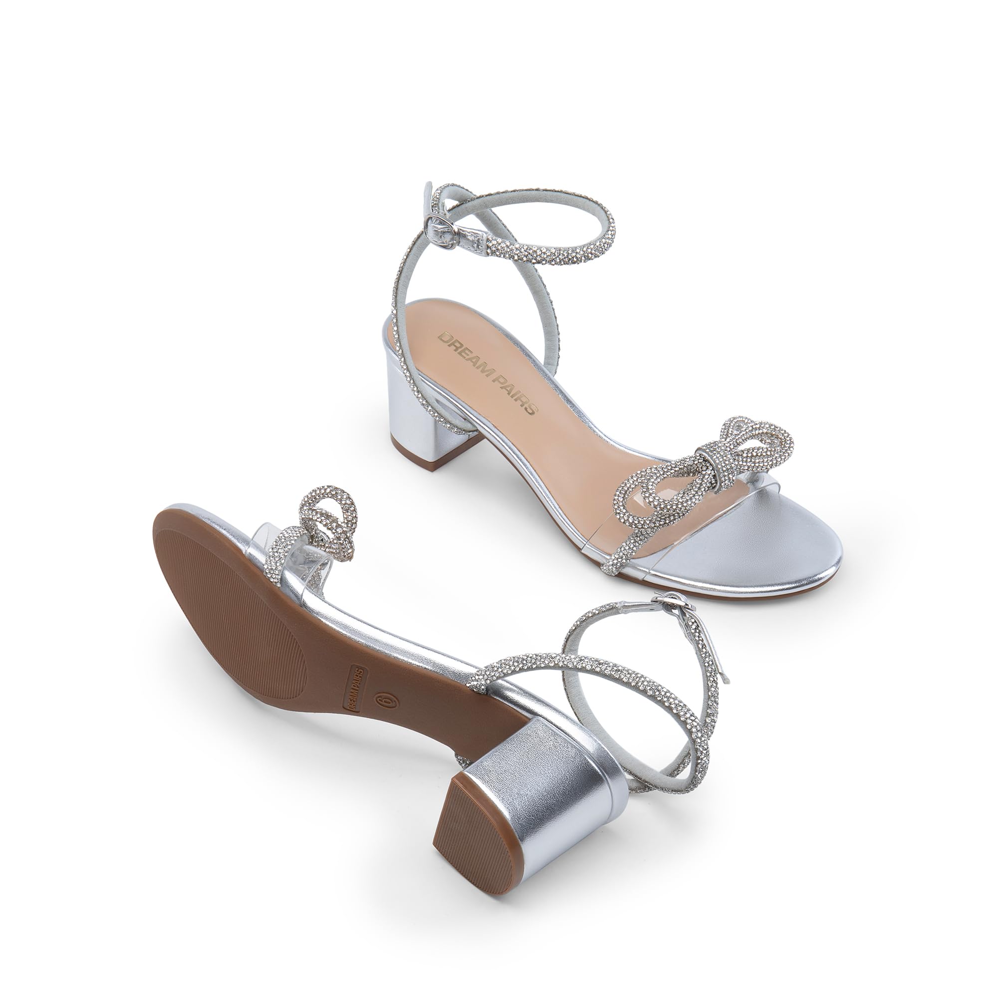 DREAM PAIRS Strass Doppelschleifen Chunky Sandalen Pumps | Klarer Riemen Offene Zehen Verstellbare Schnalle Knöchelriemen Niedrige Blockabsatz Abendkleid Elegante Brautschuhe für Damen