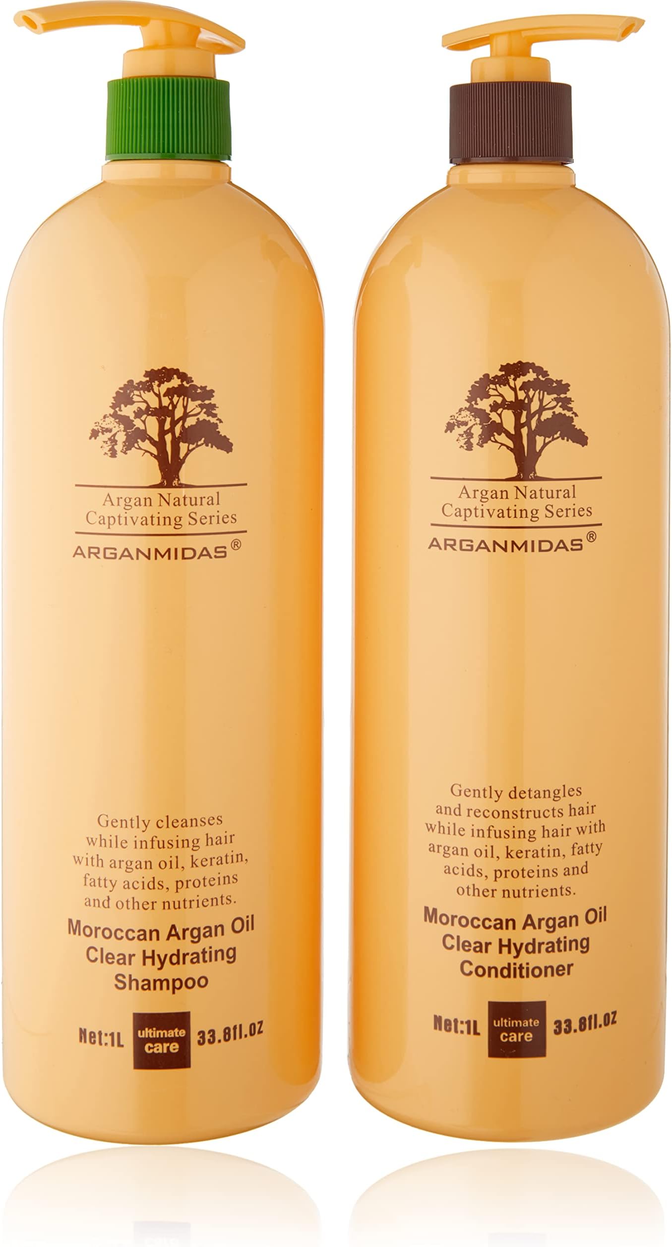 ARGANMIDAS Moroccan Oil Clear Hydrating Shampoo and Conditioner 2 Pack Bonus Size 33 oz. each Safe for Color Treated Hair UV Protection Salon Quality with Keratin enzymes