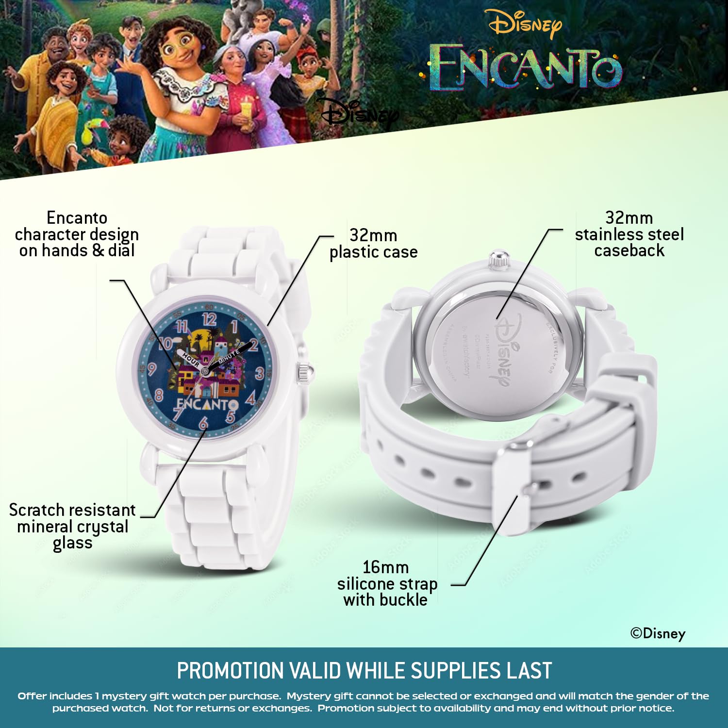 Disney Reloj Encanto para niños de 3 a 7 años con esfera clásica de personajes, regalo para niños que aman Encanto, cara fácil de leer, bisel blanco y correa de silicona blanca, compra y obtén 1 reloj