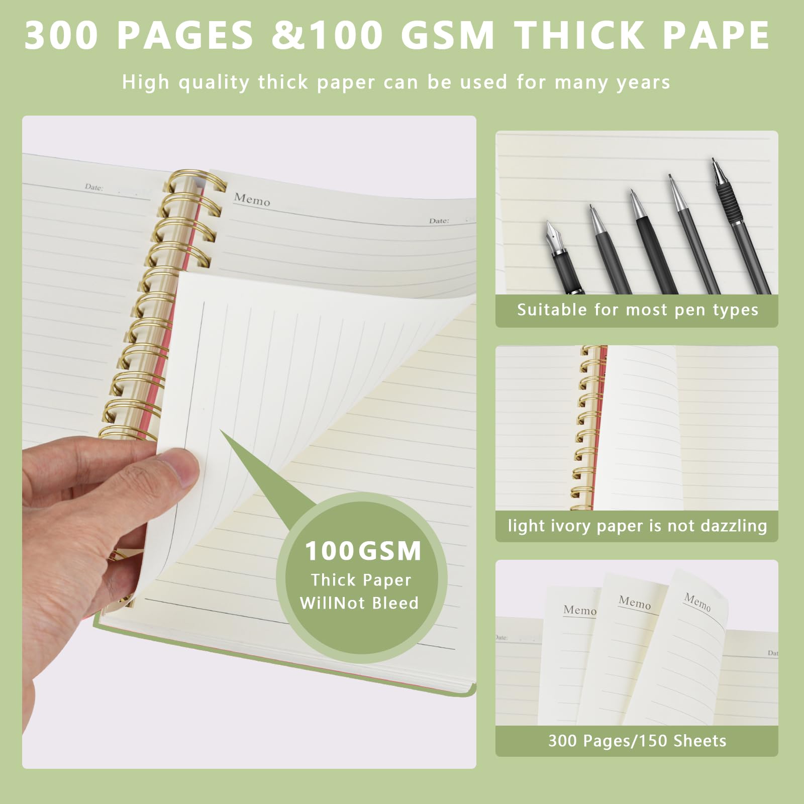 A5 Notebook, Lined Wirebound Spiral Notebook,300Pages /150 Sheets for Writing,100gsm Thick Paper, Waterproof Hardcover,Ruler - Image 2