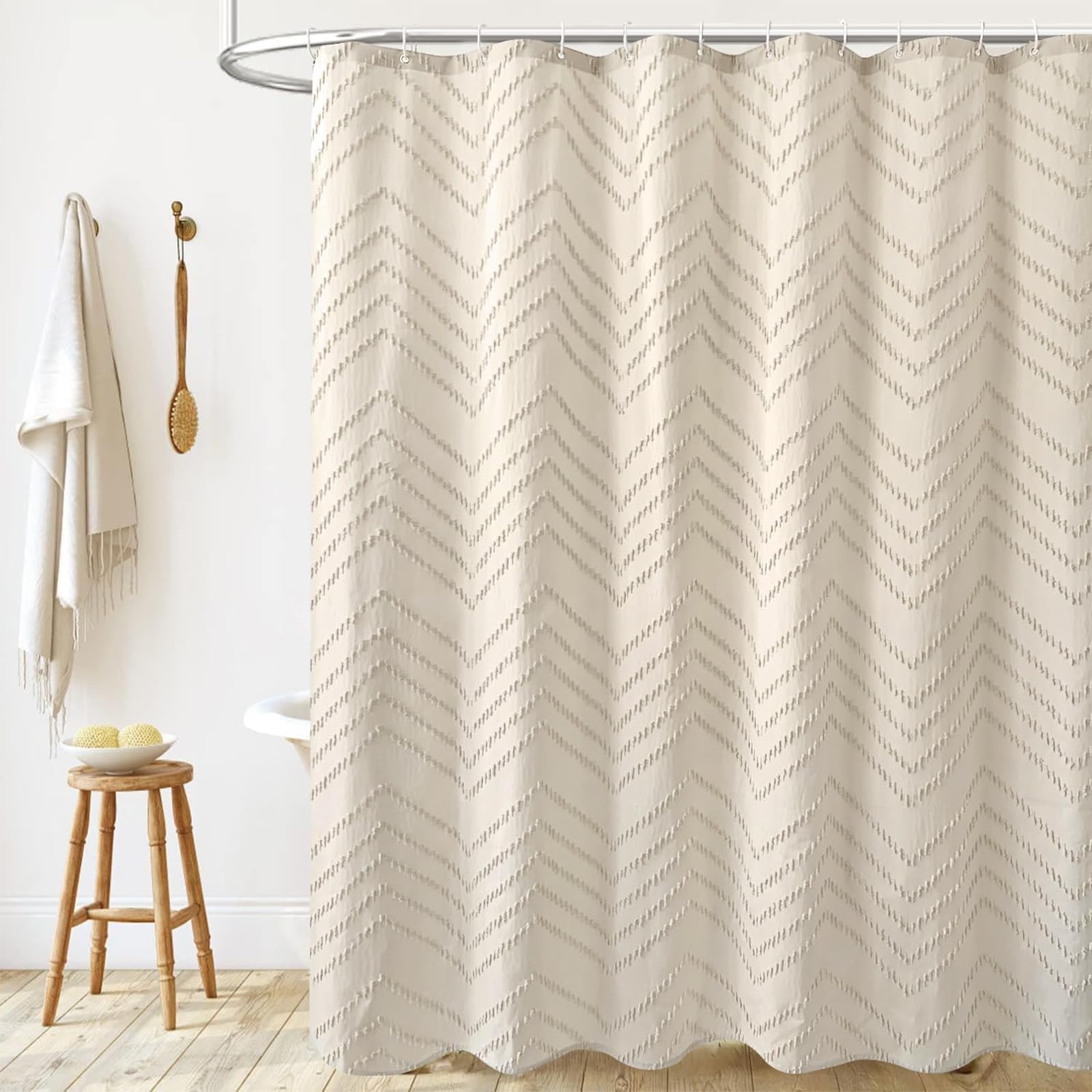 Tenda da doccia in stile bohémien, 183 x 182 cm, moderna, stile bohémien, chic, trapuntata, a righe, minimalista, in tessuto beige, crema