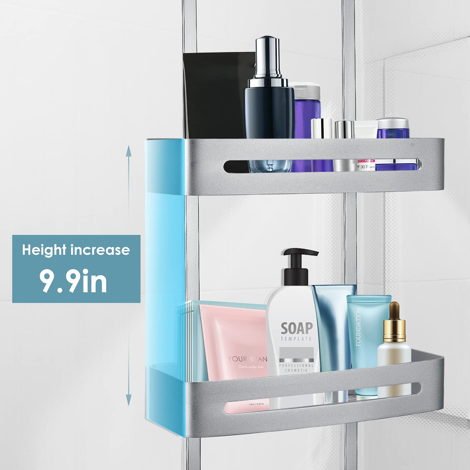 Organizador de ducha colgante, estante para colgar sobre la puerta con 2 niveles, sin necesidad de taladrar,Organizador de baño con 5 ganchos, estante para champú y gel.