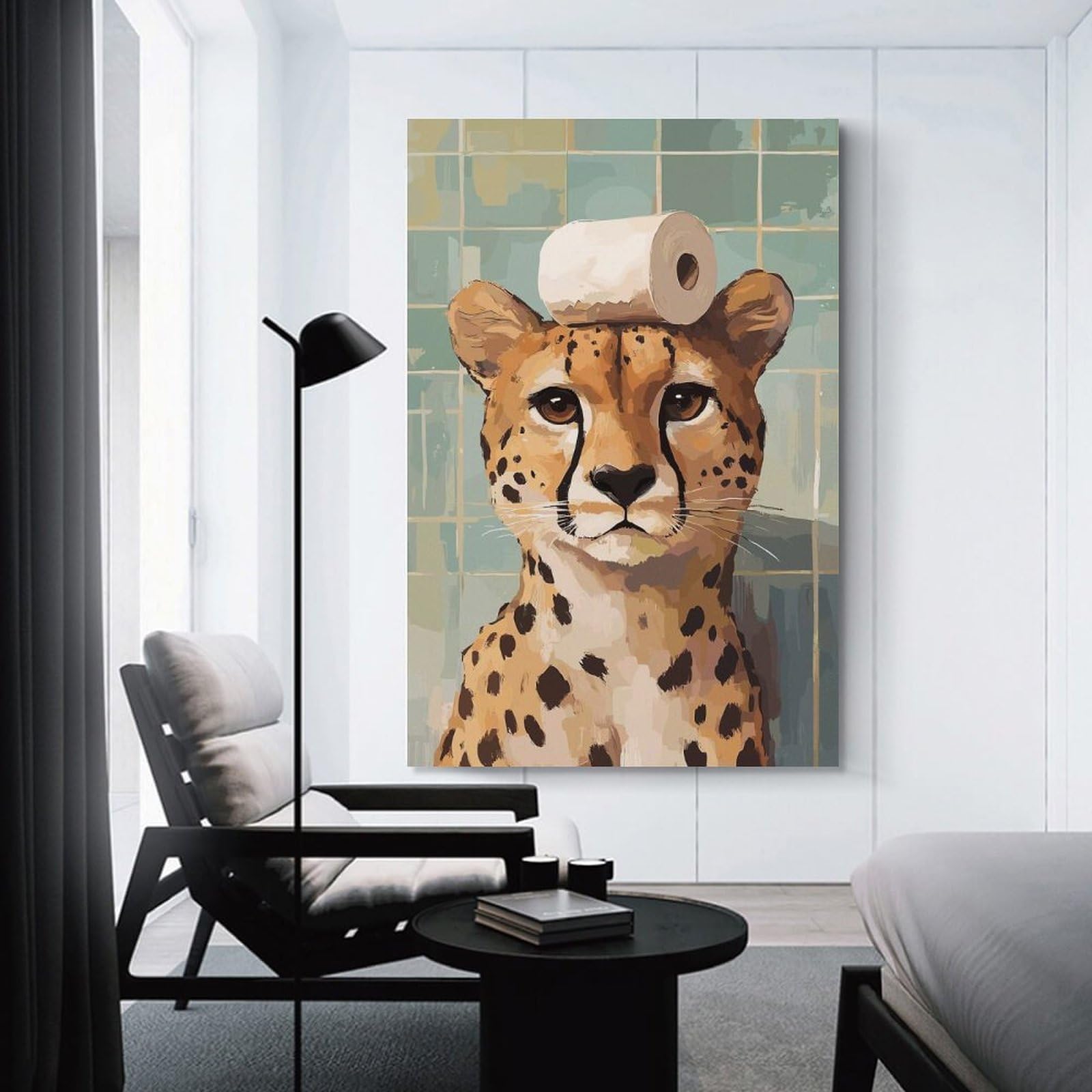 Junmoney Unframe-Style-4-1 Wall Art Print Cheetah With Toilet Paper On Head, 16X24inch(40X60cm), For Home Lounge, Bedroom Or Reading Nook, Modern Wall Decor For Cosy Interiors