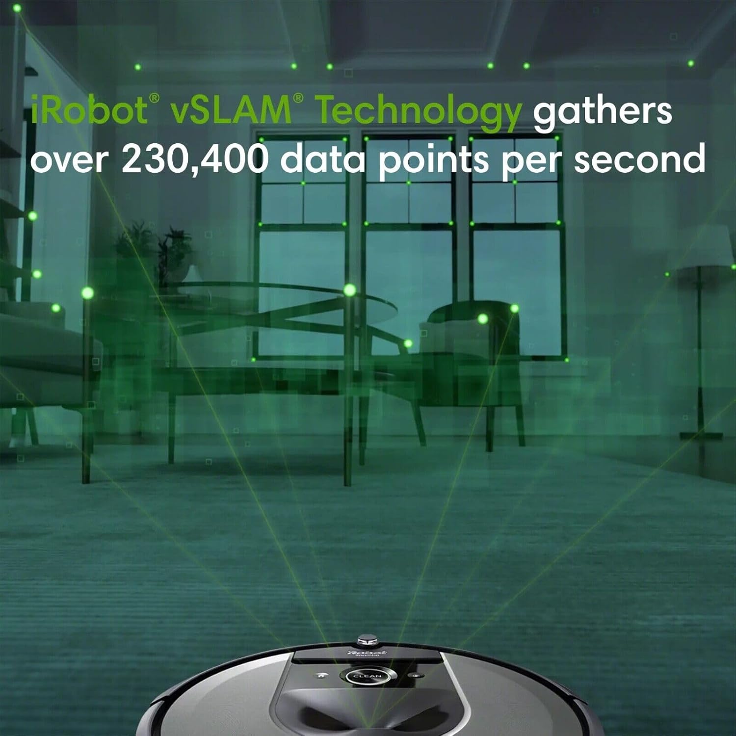 iRobot vSLAM Technology graphic showing green laser lines mapping a room.