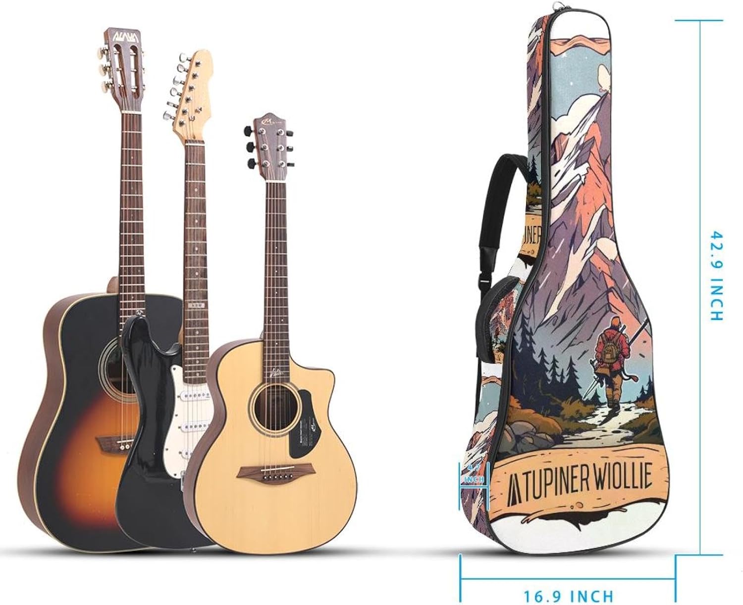 40/41/42-inch Artistic Scenery Acoustic Guitar Bag With Adjustable Shoulder Strap And 2 Storage Bags. Guitar Bag With Back Hanging Loop, Electric, and Classical Guitars