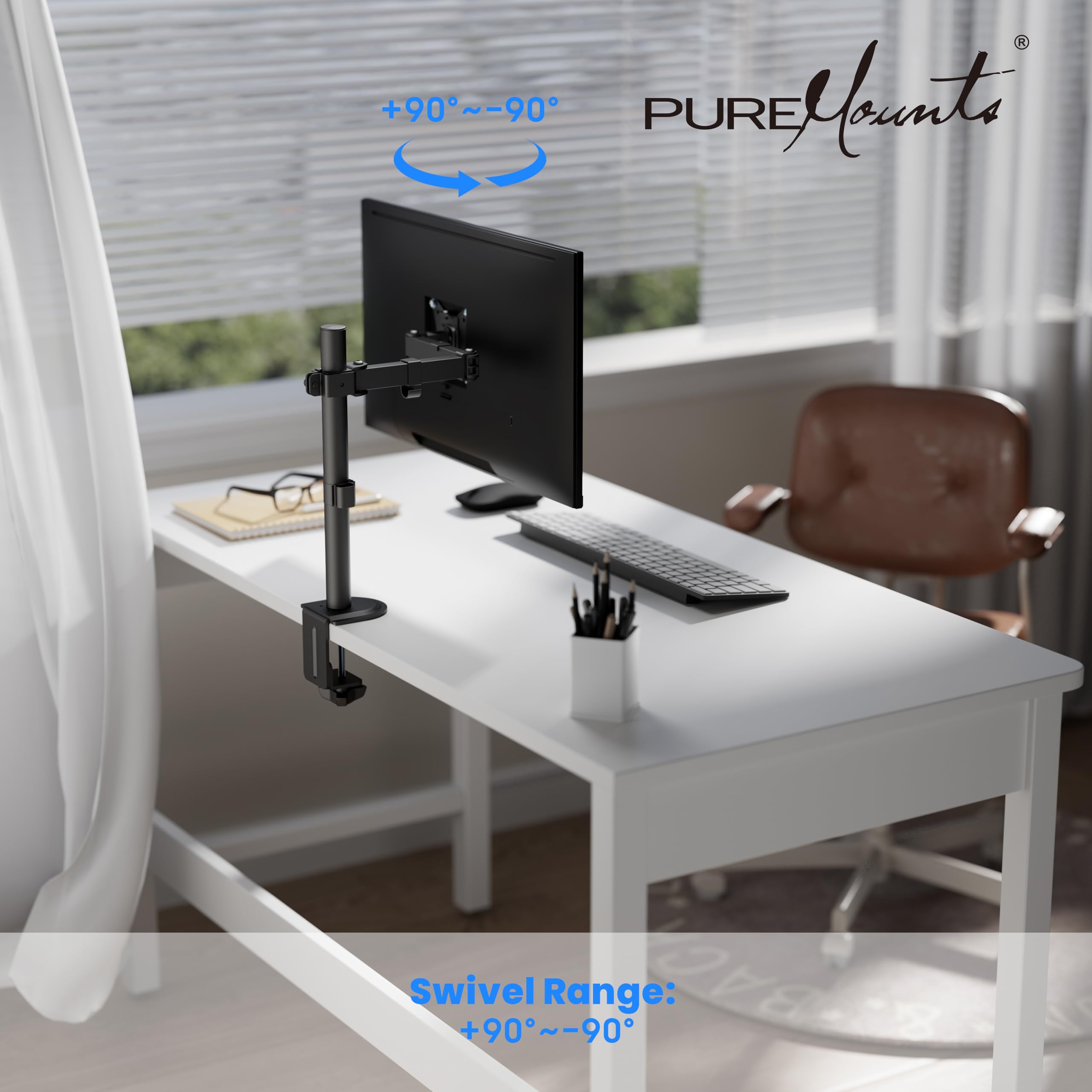 PureMounts supporto per monitor, per 1 schermo, 17 a 32 pollici, regolabile in altezza, inclinabile di +45°/-45°, orientabile con braccio girevole di 90°/-90°, VESA 100, supporto da tavolo, nero