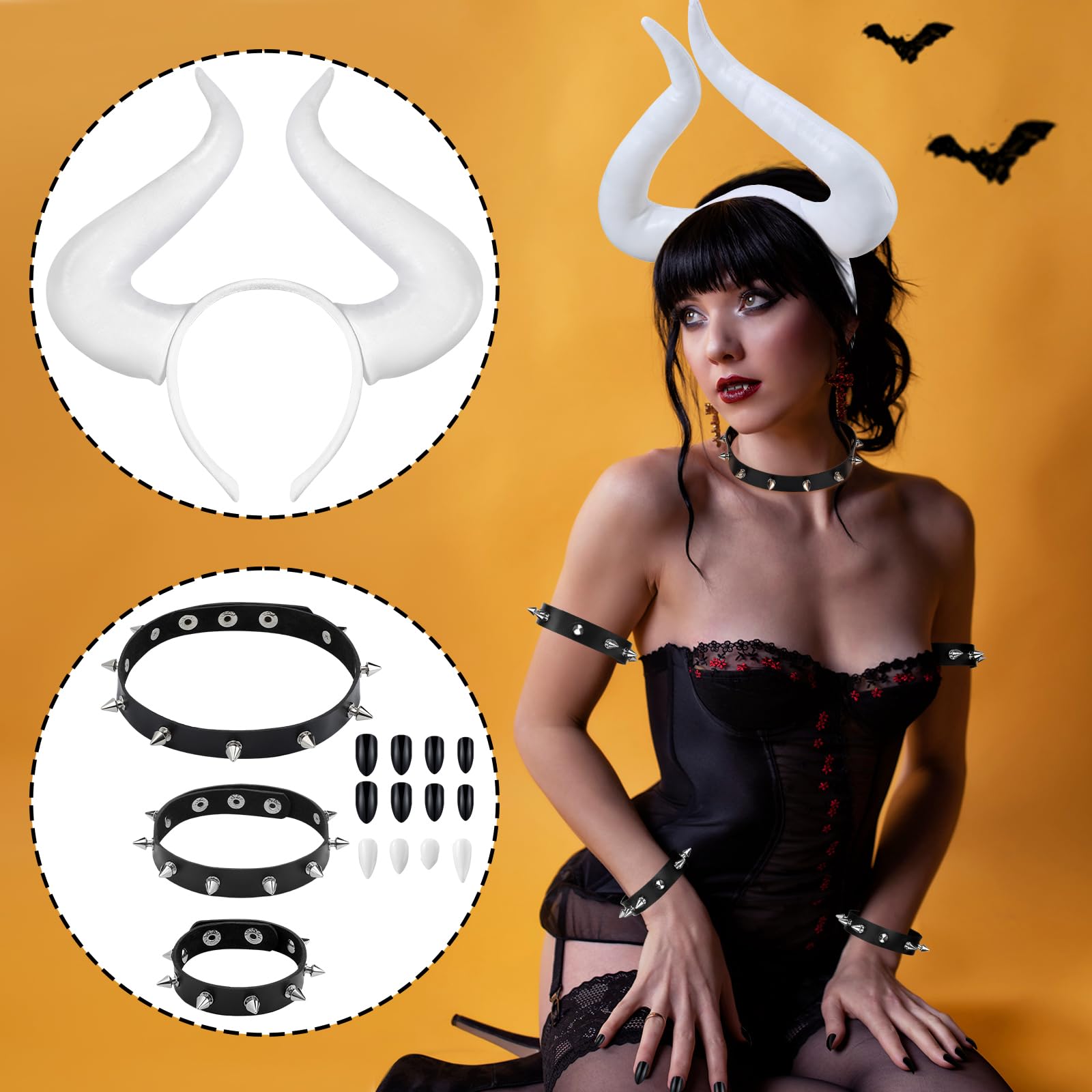 12 Pcs White Horns Halloween Cosplay Accessories Includes Horns Headband Spike Bracelet Leather Studded Bracelet Vampire Teeth Choker Cuff Fake Nails for Women Halloween Party Cosplay