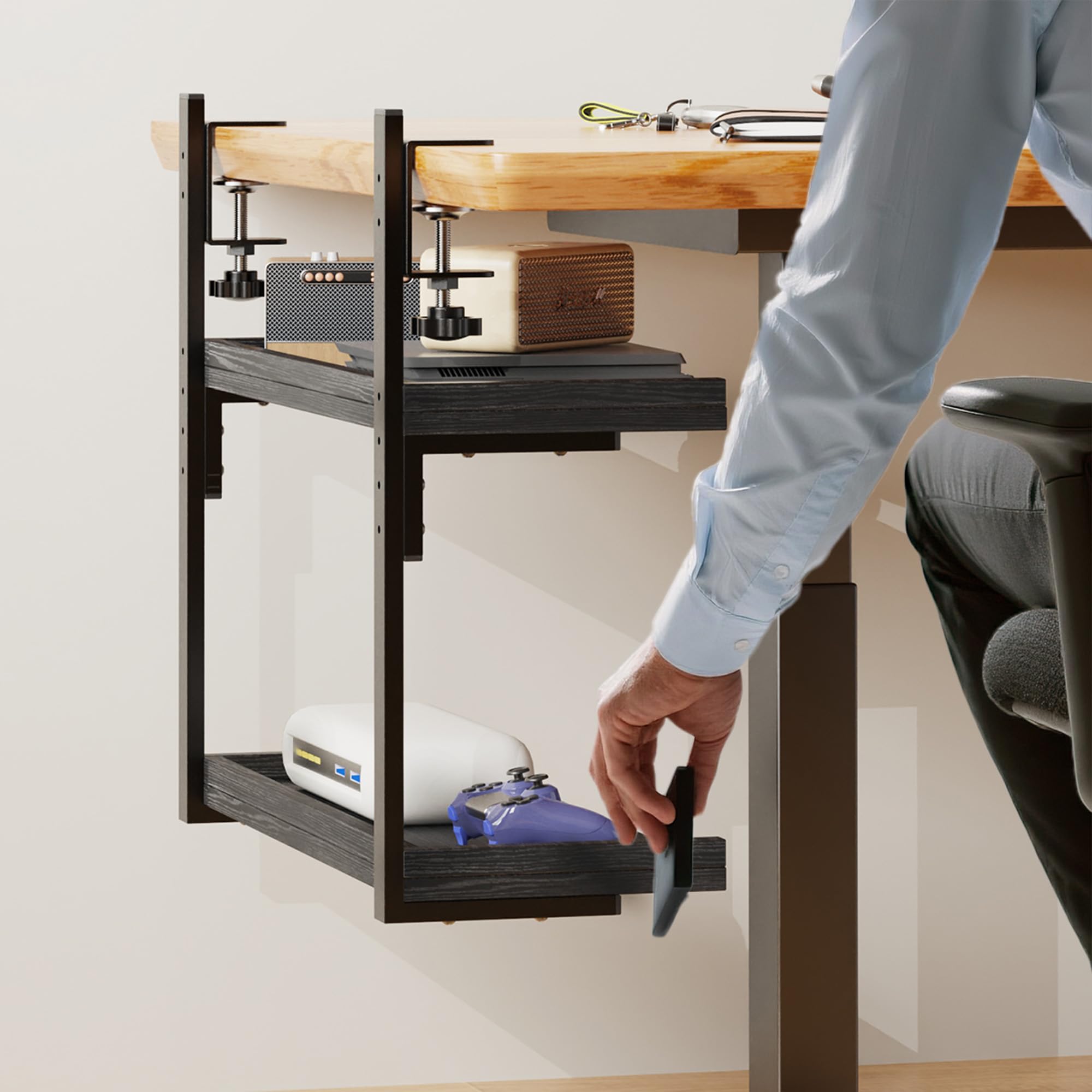 THYGIFTREE Mensola da Scrivania in Legno a 2 Livelli, Lungo 31.8 cm Scaffale da Scrivania per la Parte Superiore e Inferiore, Organizer per Accessori, Ufficio e Gaming (Nero)