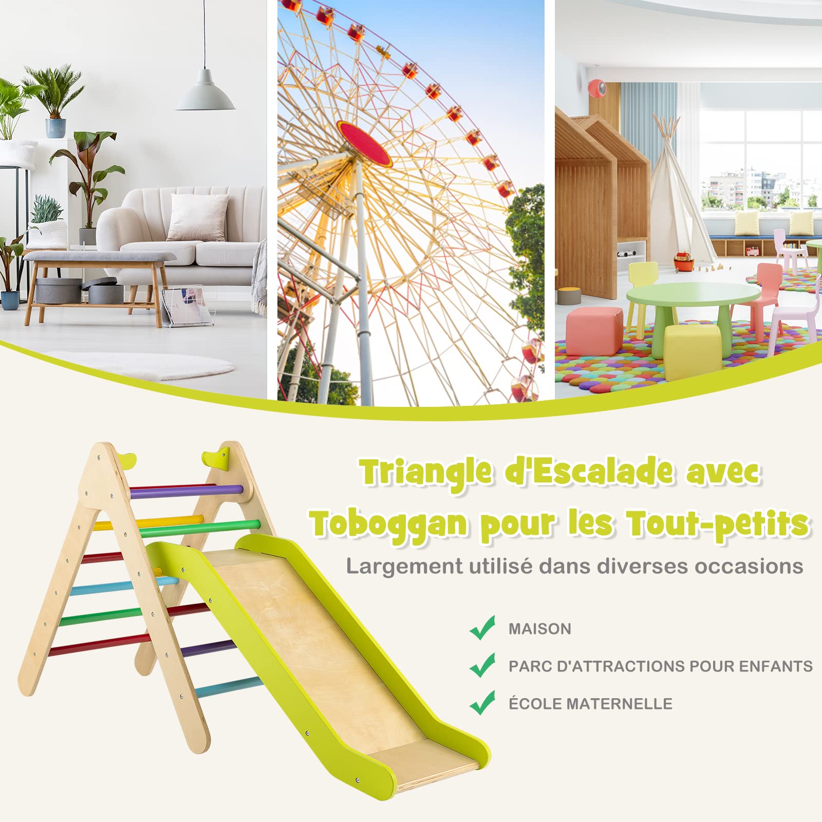DREAMADE Triangle d'escalade avec Toboggan en Bois 3 en 1 Jouet Montessori pour Grimper & Glisser Convient à Enfants 1+ Ans (Multicolore)