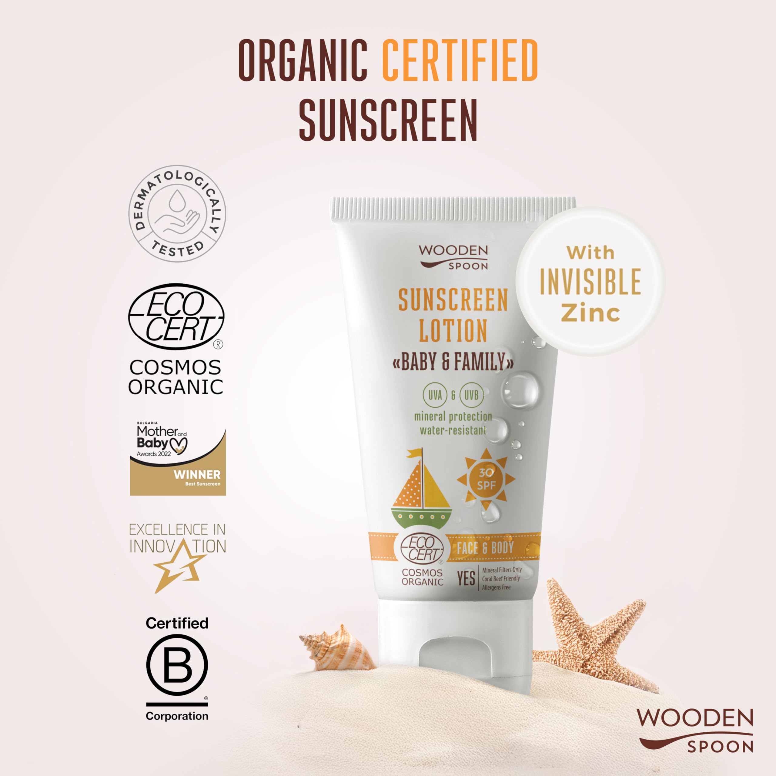 Wooden Spoon Crème Solaire Bio Bébé et Famille SPF 30 – 100% Naturelle, Zinc Invisible, Sans Trace Blanche, Hypoallergénique, Vegan, Résistante à l’Eau – 150 ml