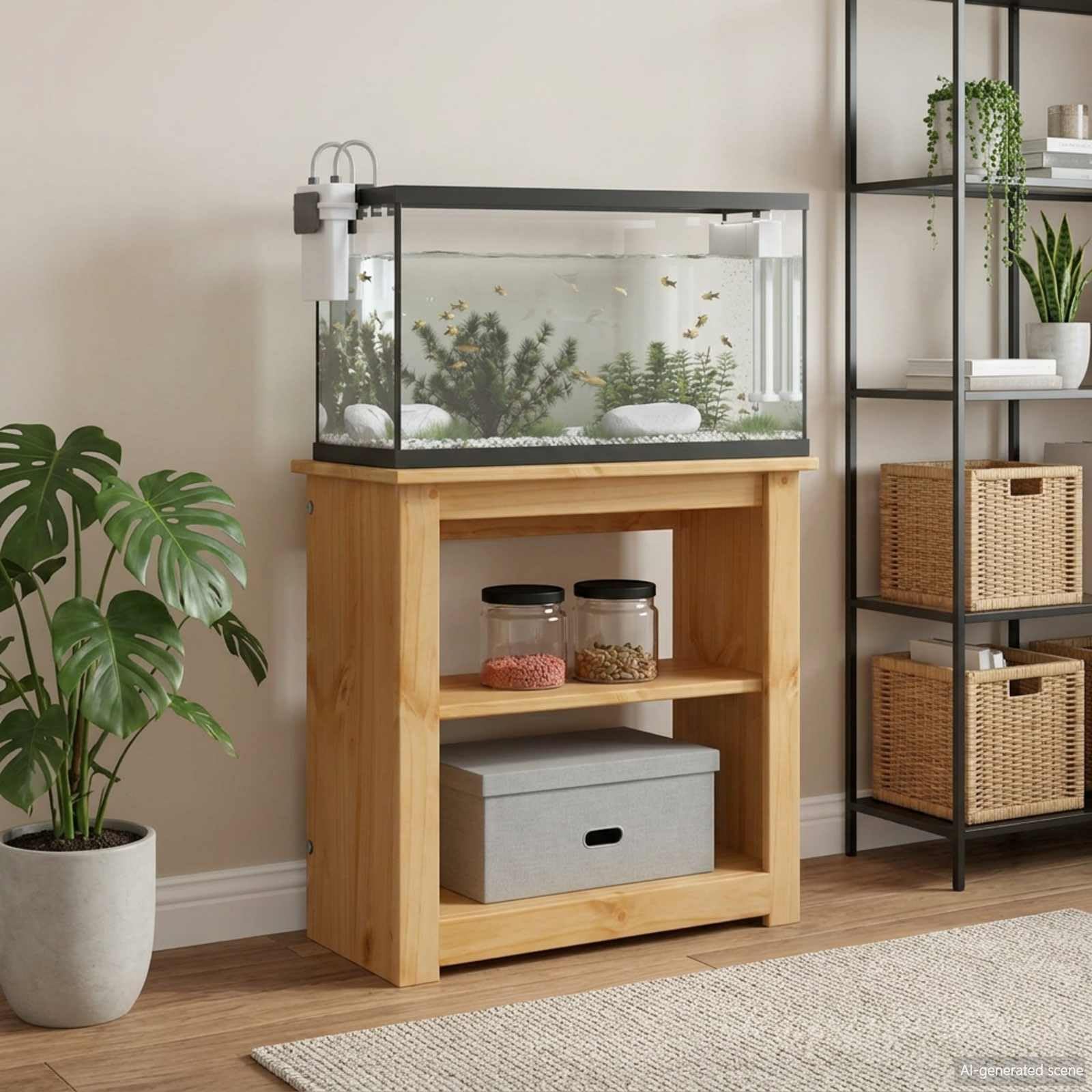Panama - Armadietto per acquario, 60 x 30 x 60 cm, in legno di pino, con vano portaoggetti, colore: marrone
