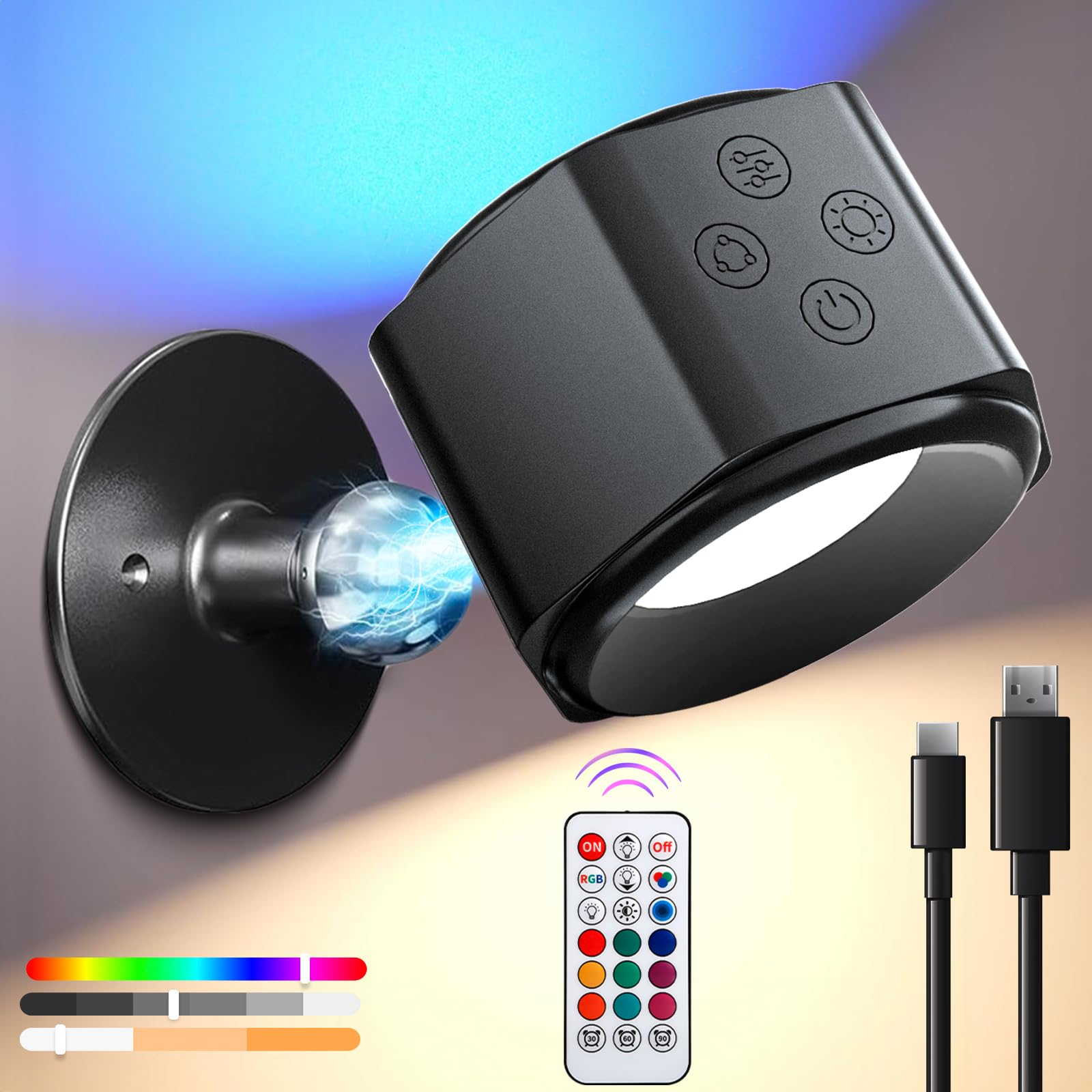 BBLTIFF Aplique Pared Interior, Lámpara de Pared LED con Batería de Carga USB, Lampara Sin Cable, Temperatura de Color RGB3, Seis Niveles de Brillo Ajustables Giro de 360° con Mando a Distancia Táctil
