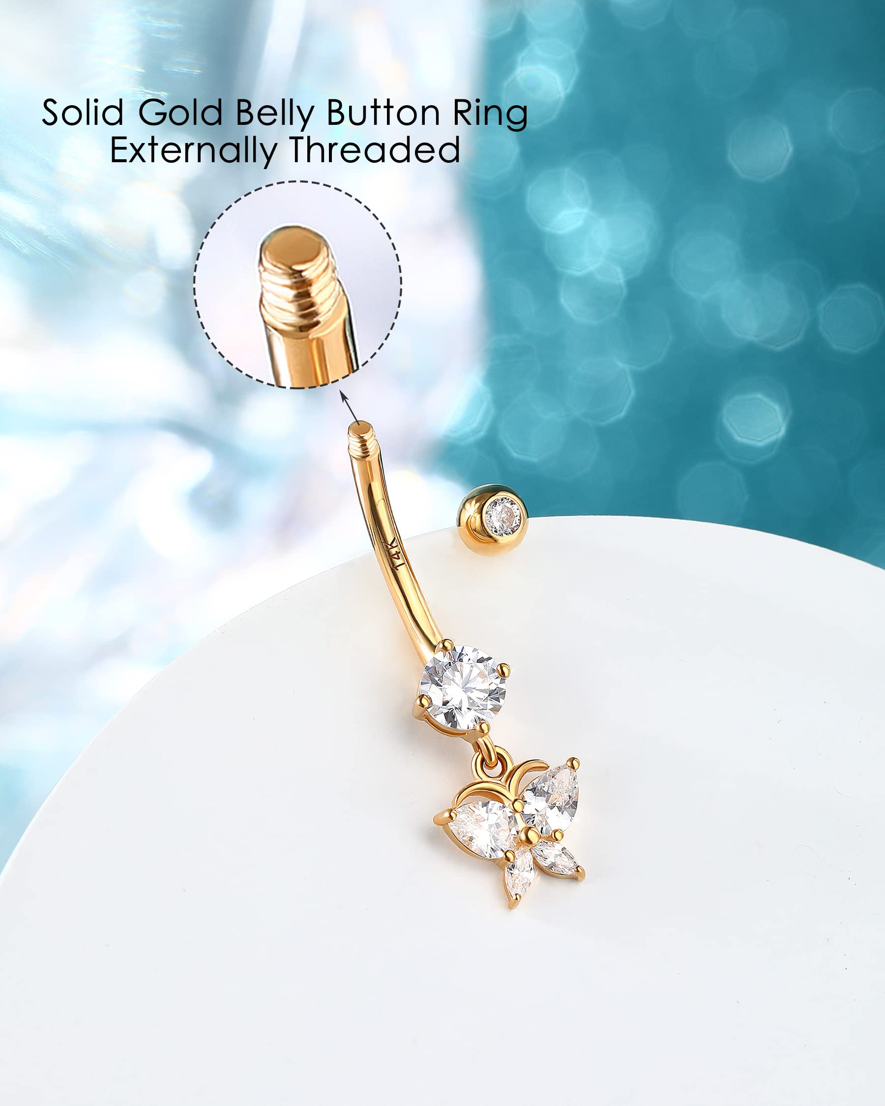 Melighting Piercing de ombligo de oro macizo de 14 quilates, con diseño de mariposa, con rosca externa, para mujer, Oro amarillo, Circonia cúbica