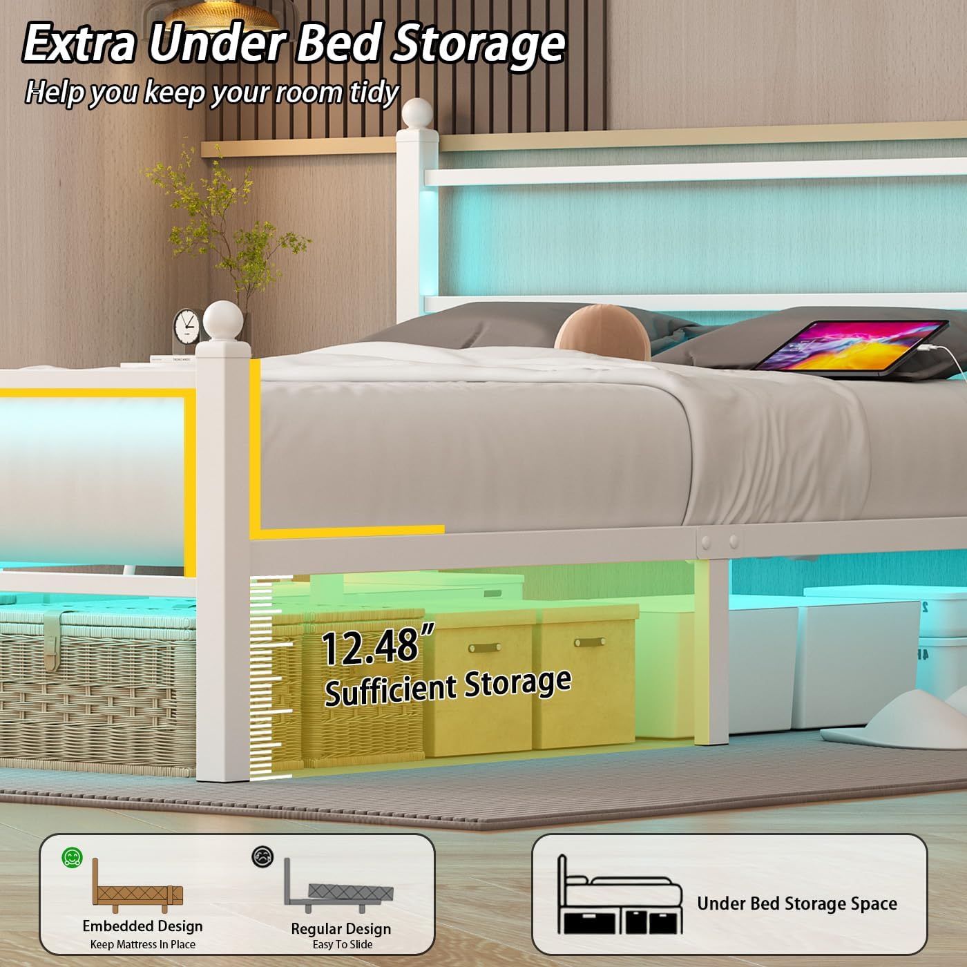 Full Size Bed Frame with Headboard and Footboard,White Metal Platform Bed Frames with LED Lights and USB Charging Station,Heavy Duty Metal Slats,No Box Spring Needed,Sturdy&Noise Free