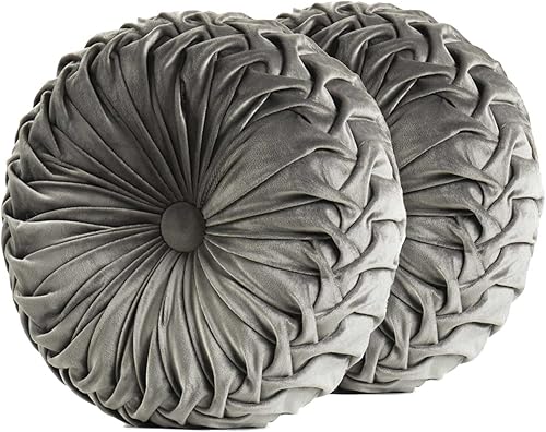 Miniatura 22 de Almohada redonda de terciopelo de 15 x 15 pulgadas, plisada, redonda, rellena de calabaza, para el hogar, para sofá, silla, cama, suelo de Verde