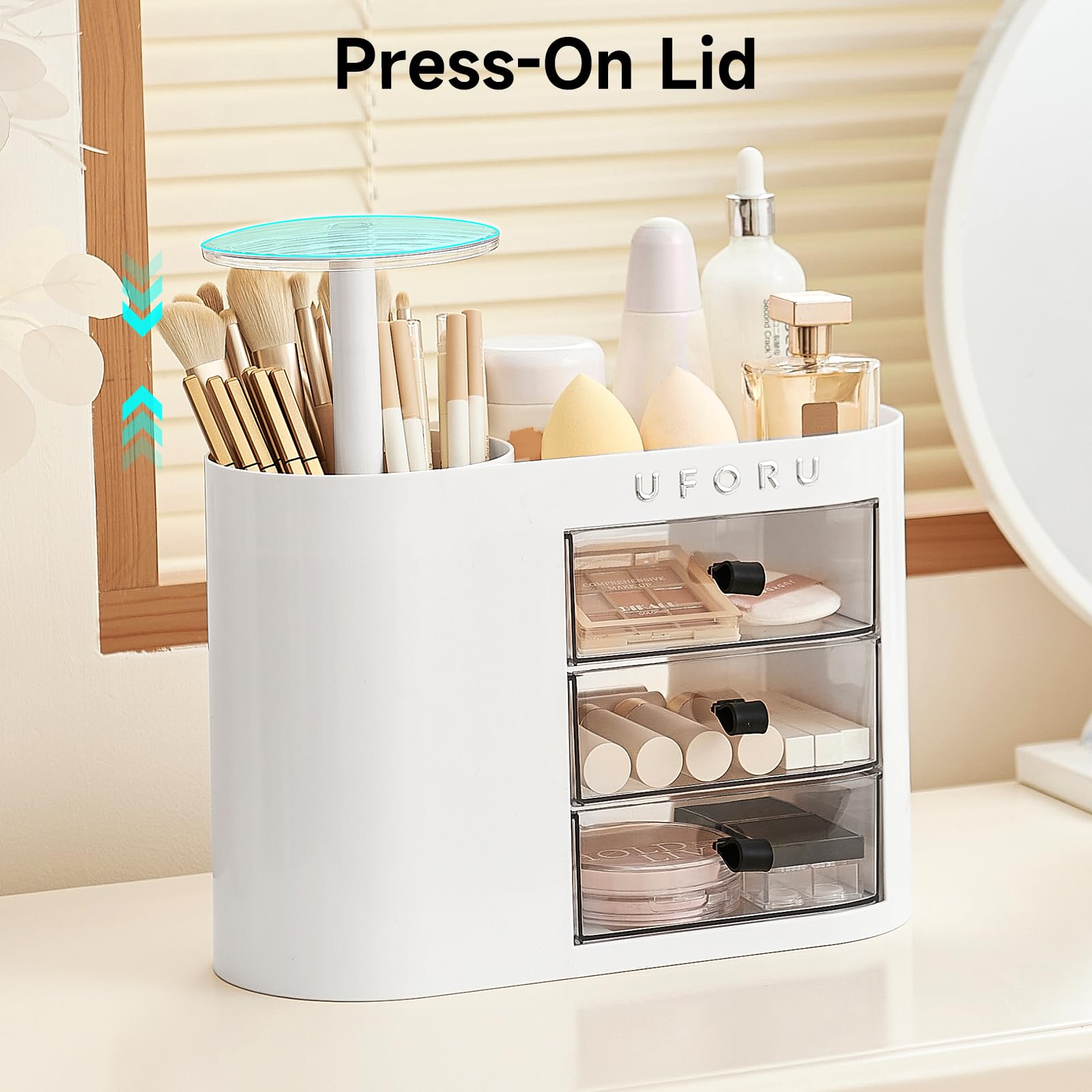 UFORU Organiseur de maquillage pour coiffeuse, comptoir avec porte-pinceaux, blanc