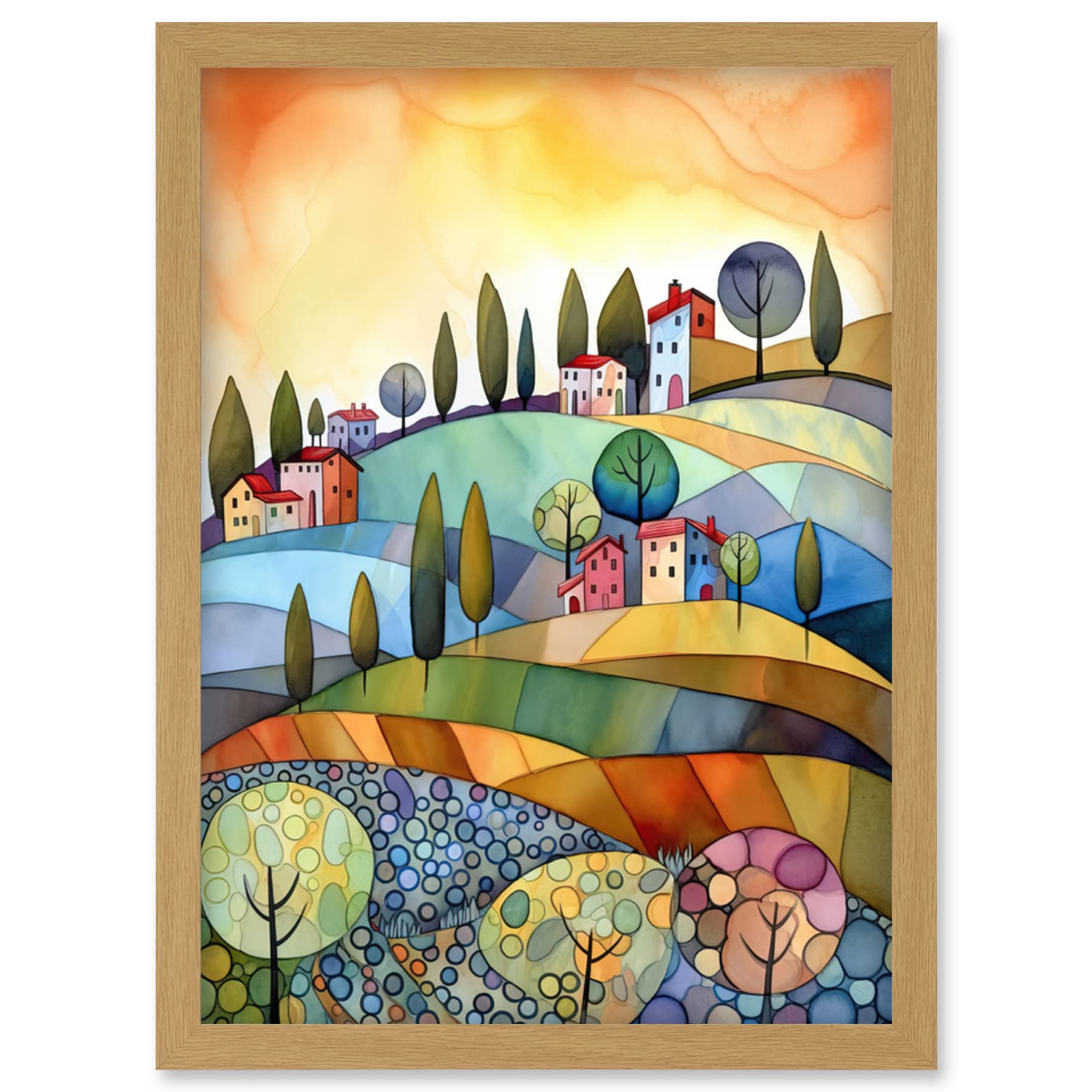Artery8 Italian Countryside Midsummer Landscape Folk Art Artwork Framed Wall Art Print A4