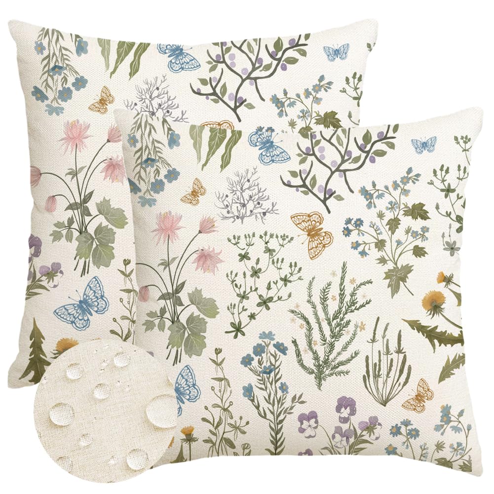 ARGOOFG Outdoor Spring Pillow Covers 20x20 Inch Set of 2,Waterproof Daisy Throw Seasonal Floral Outdoor Decorative Square Linen Farmhouse Decor
