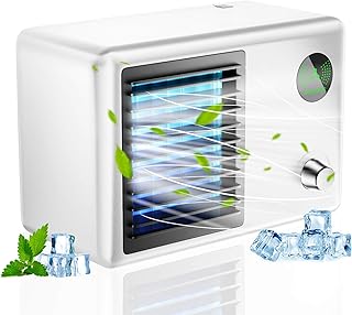 Ventilatore portatile per condizionatore d'aria, umidifica e purifica lo spazio Serbatoio dell'acqua da 400 ml con luce LED a colori e 3 velocità del vento per ufficio da viaggio in camera