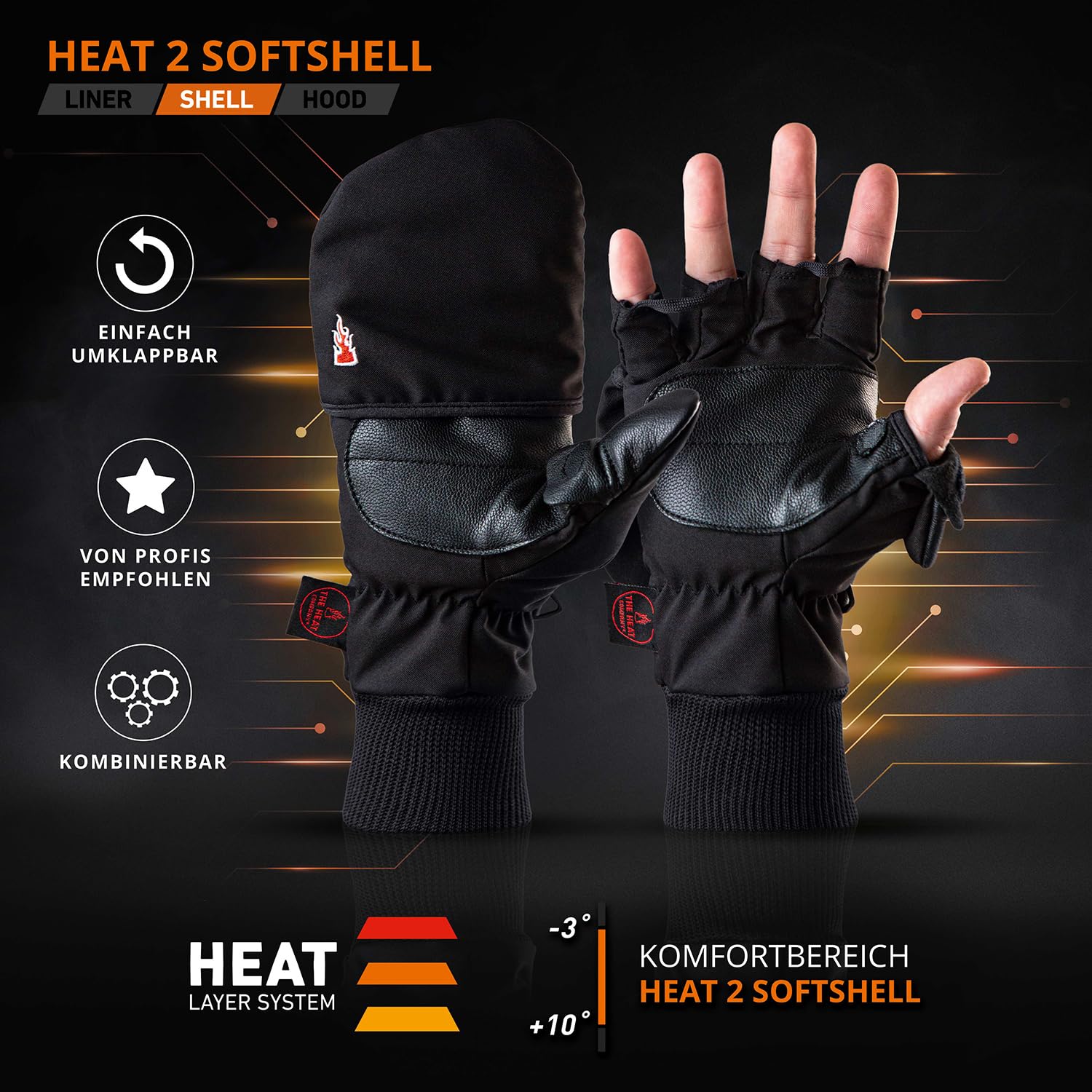 THE HEAT COMPANY - Heat 2 Softshell - Fingerloser Handschuh und Fäustling in einem - Premium Qualität - warme Winterhandschuhe & Fahrradhandschuhe - gegen Kälte bei Sport, Arbeit & Outdoor
