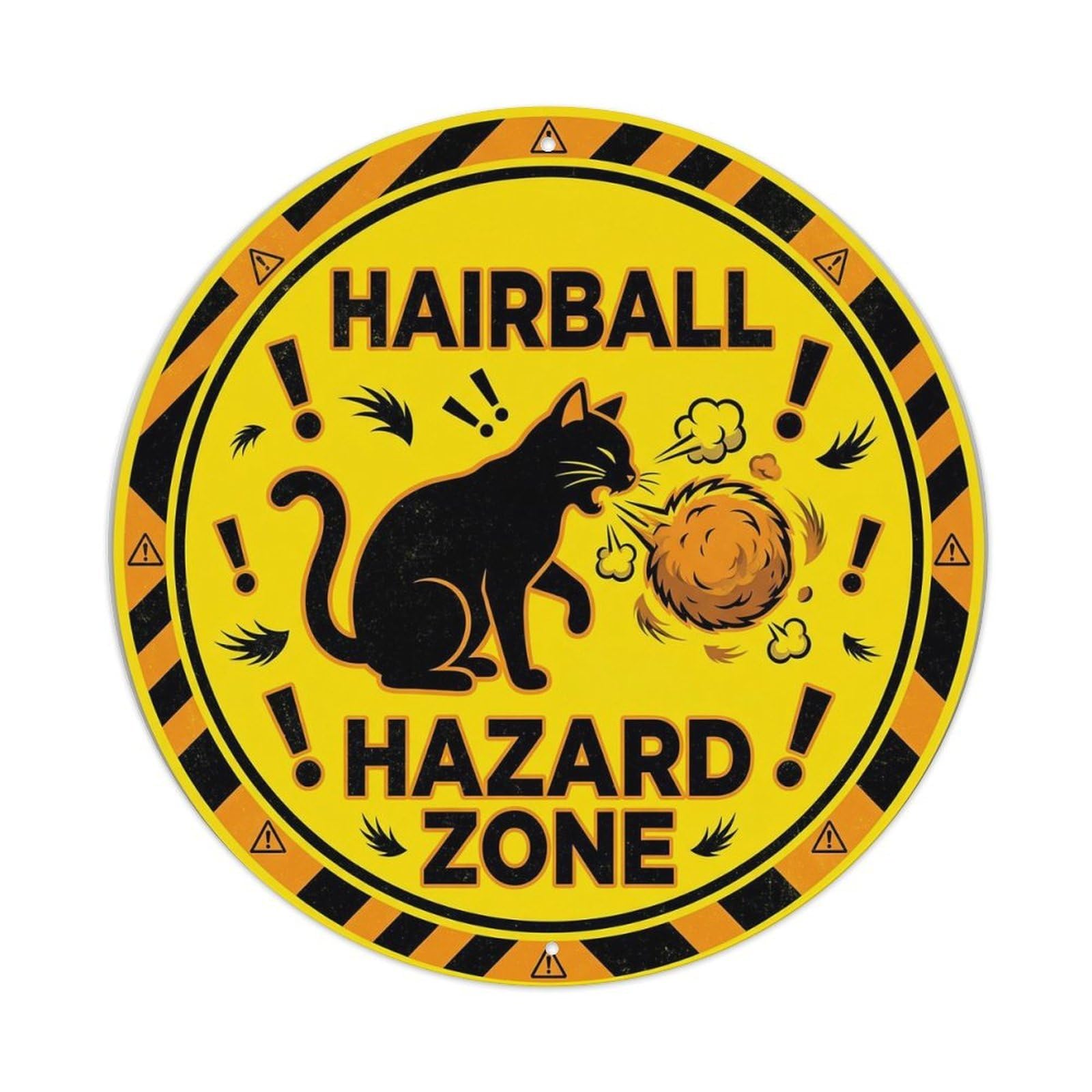 Hazard Zone Warning Hairball City Classic Destination Metal Tin Sign Plaque Wall Decor for Cafe, Man Cave, Club Bar, Office, Home Garden Round Metal Poster 8x8Inch