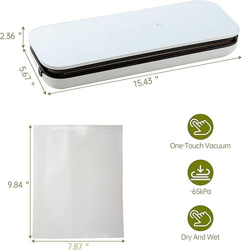 Miniatura 6 de Sellador al vacío para alimentos, 65 kpa de potencia de succión de precisión 6 en 1, ahorrador de alimentos rápido y compacto con 20 bolsas de vacío