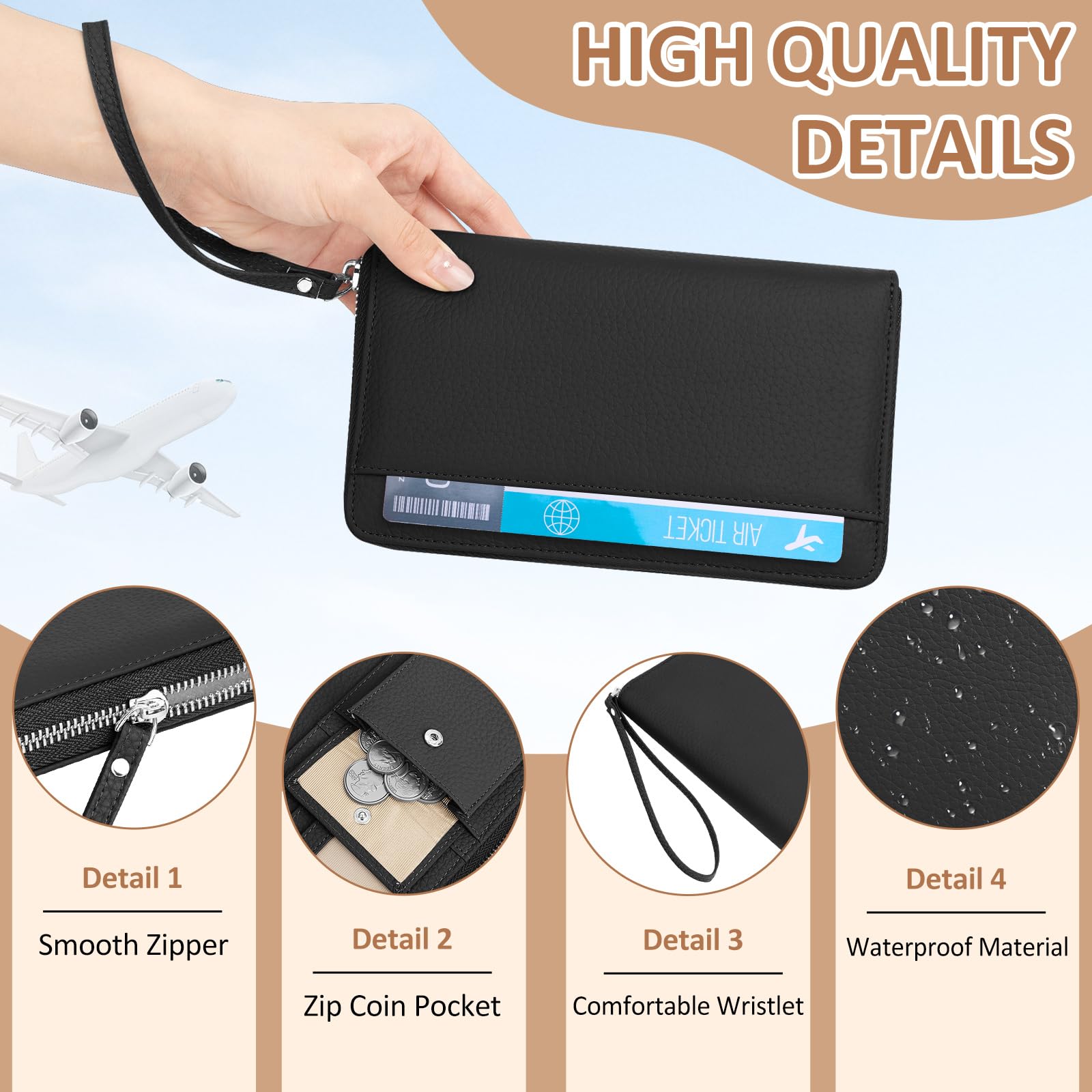 Funda Pasaporte RFID Porta Pasaporte Piel Passport Wallet Impermeable Passport Cover Portadocumentos Viaje para Documentos Billetes Avión Tarjetas, Negro