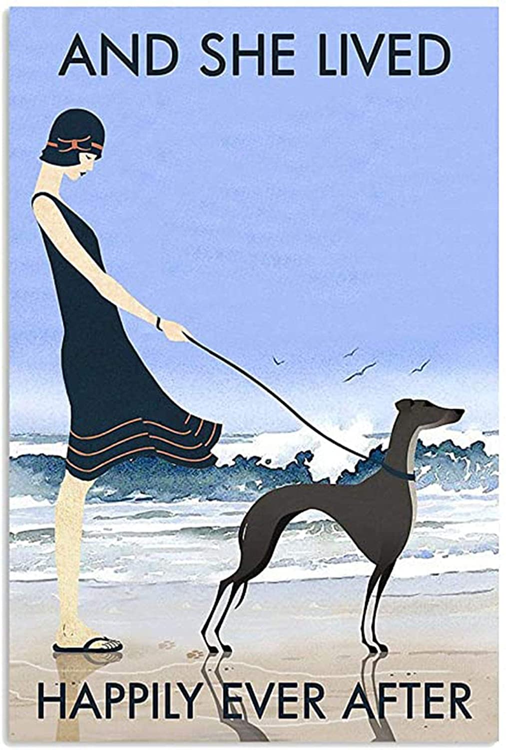 Beach And She Lived Happily Ever After Greyhound Dog Vintage Wall Art Decorative Sign For Kitchen Diningroom Bathroom 8x12inch