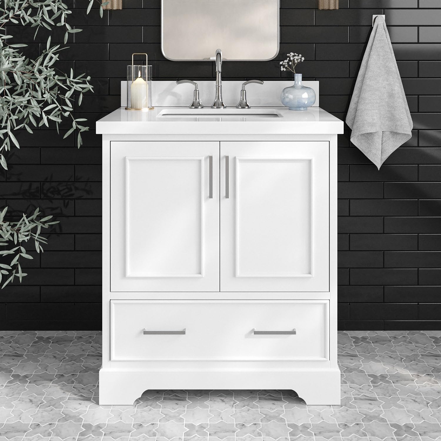 ARIEL Stafford 31 Inch Bathroom Vanity with Sink, White Bathroom Vanity, Solid Wood Vanity Base Cabinet, White Quartz Top, 1.5-Inch Edge, Rectangular