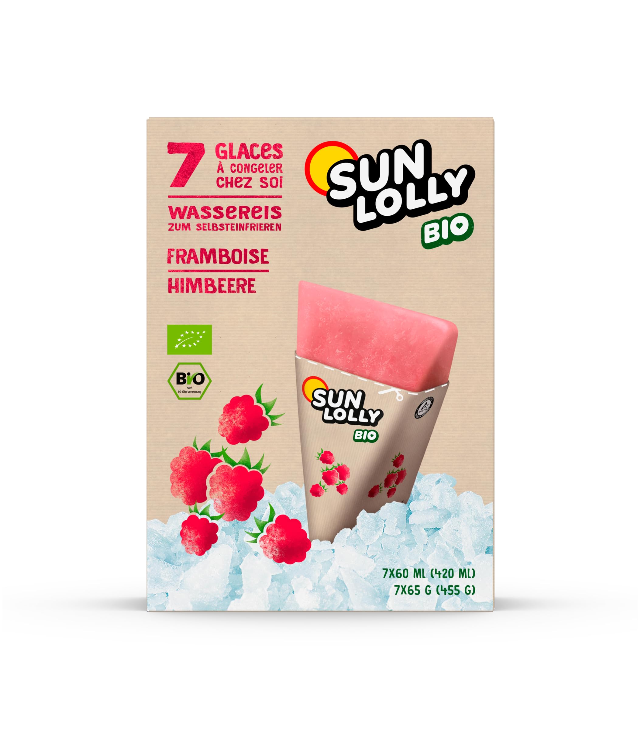 Sun Lolly Bio Wassereis Himbeere 7 Stk | Mit Fruchtsaft | Zum Selbsteinfrieren | Ohne künstliche Aromen | Frei von Süßungsmittel | Laktosefrei | Glutenfrei | Vegan | 7 x 60ml