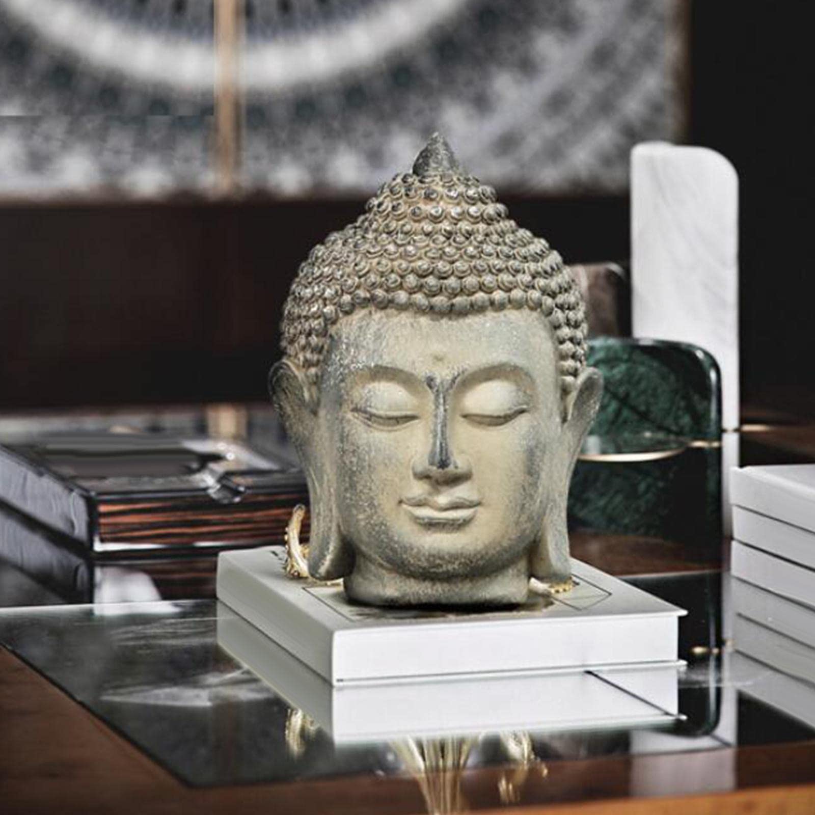 Statua Testa di Buddha, Statuetta, Statue di Buddha Fengshui, Portico Ufficio Soggiorno Ornamento Decorativo Desktop Interno/Esterno, Scultura Med