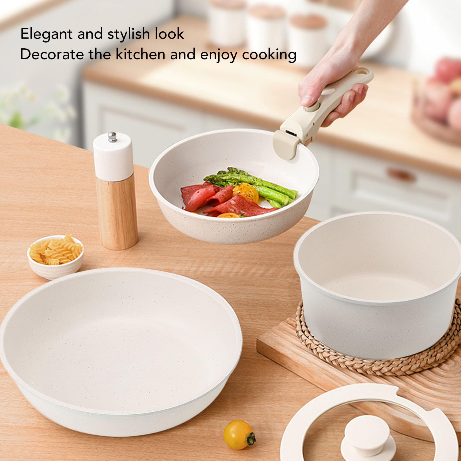Juego de sartenes de 3 piezas, juego de utensilios de cocina antiadherentes con mango desmontable, juegos de utensilios de cocina para cocina de inducción, estufa de gas