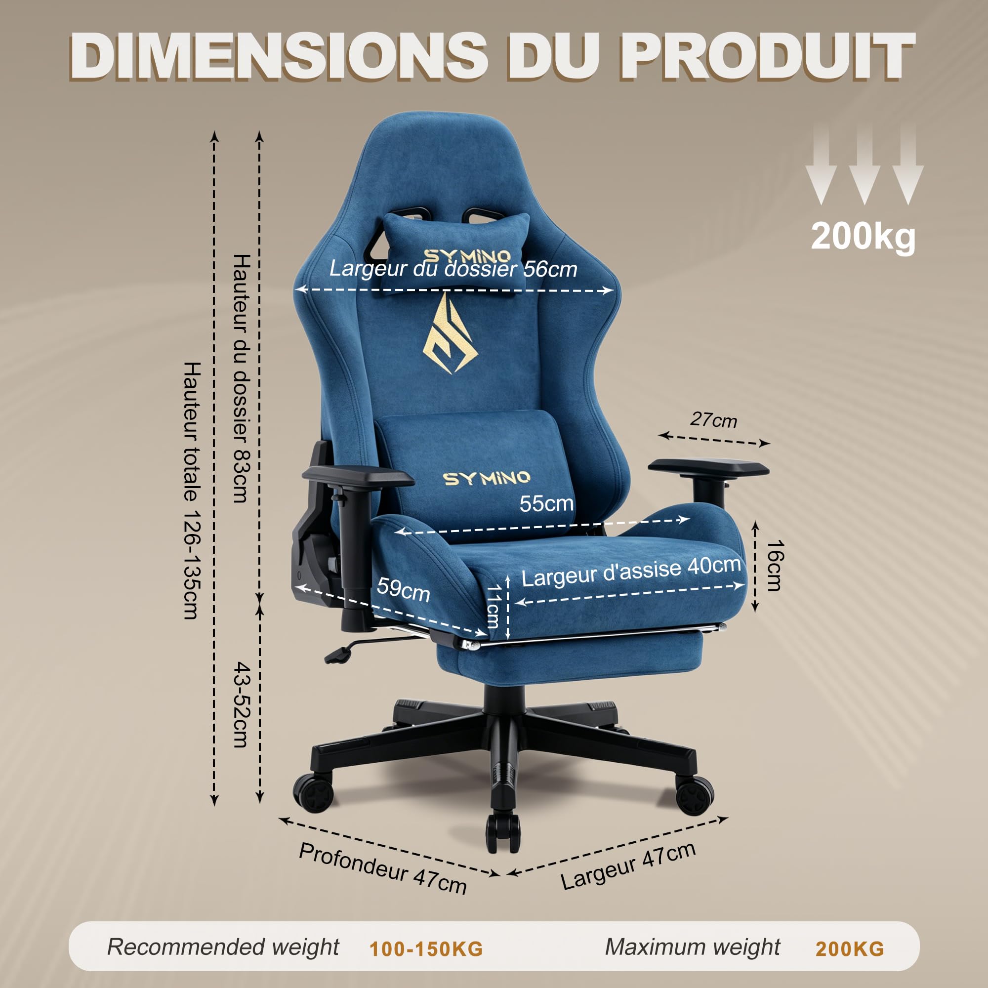 Symino Sedia da gioco ergonomica e poltrona gamer con poggiapiedi telescopico, cuscino a molle, supporto lombare e altezza regolabile 200 kg (Falli scamosciati, blu)