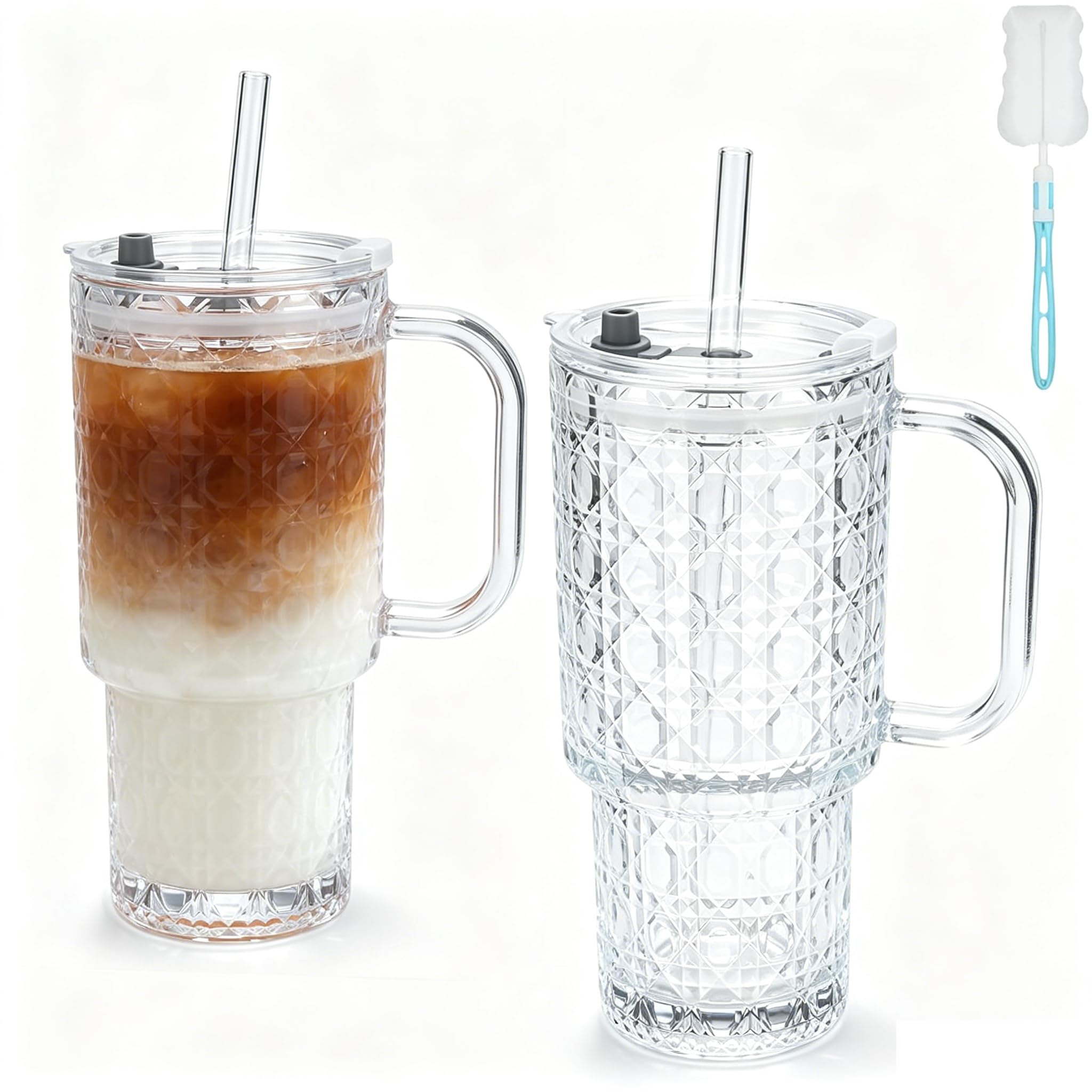 2Pcs 24Oz Glass Tumbler with Straw & Lid - Reusable Iced Coffee Cup with Handle & Cup Brush Smoothie Glass Matcha Drinking Cup for Ice Coffee Juice Drink Milk Tea Cocktail Wedding Birthday Gift
