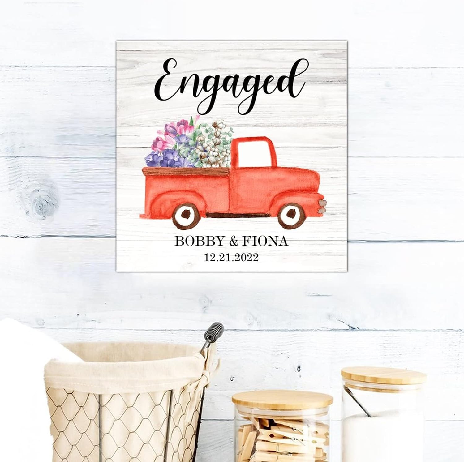 Christmas Engaged Personalized Name Wooden Signs Orange Truck Flower Hanging Wood Sign Rustic Hello Winter Wood Wall Hanging Decoration For Home Restroom Bathroom Toilet Kitchen 16x16in