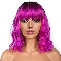 Vista 23 de Pelucas cortas estilo Bob con flequillo para mujer, peluca ondulada suelta rizada ondulada longitud al hombro, peluca sintética estilo Bob para Verde