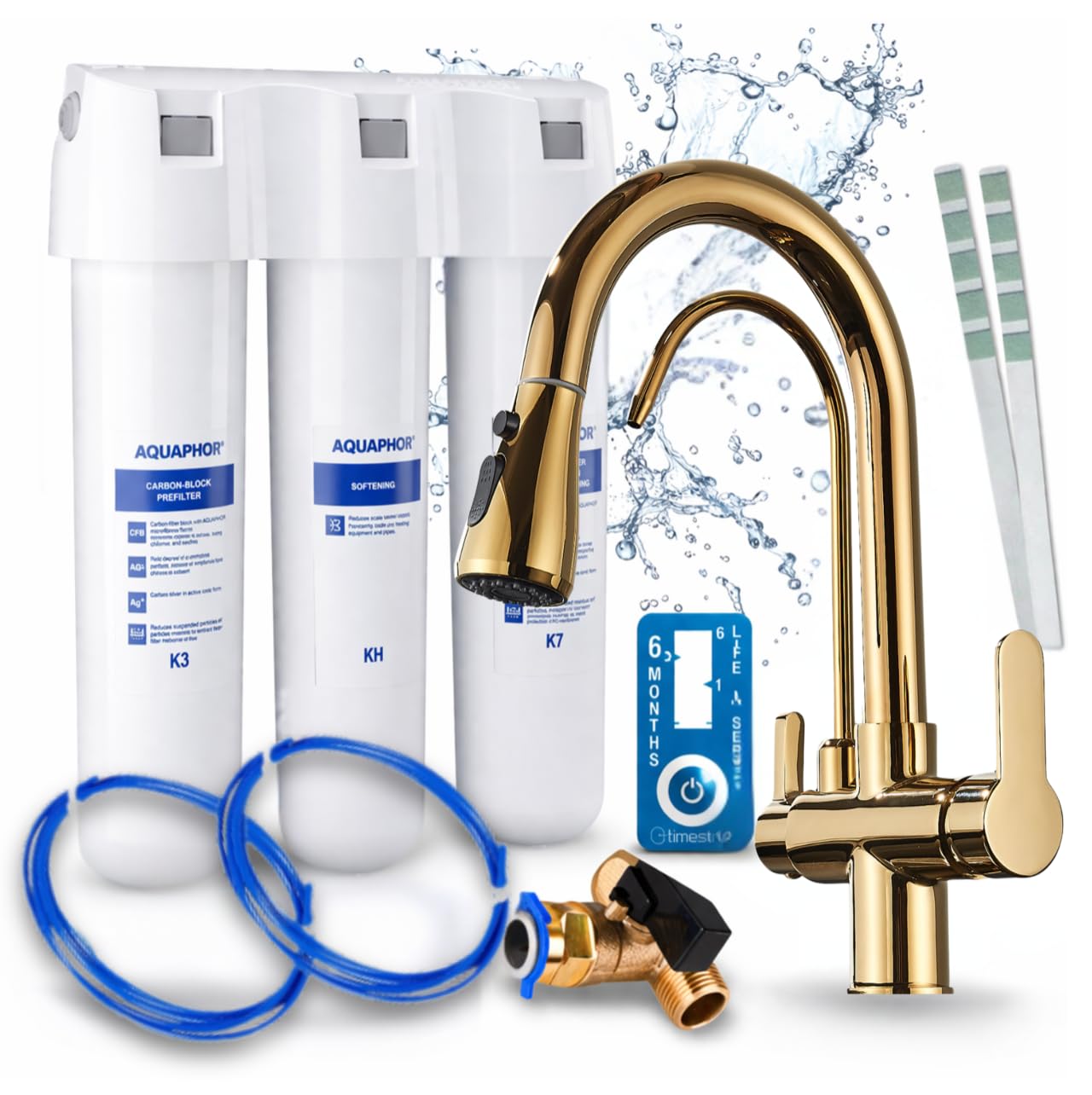Armatura kuchenna Nordic z systemem filtra wody Aquaphor Crystal H, 3-drożna armatura z wyciąganą słuchawką, oddzielna wylewka do filtrowanej wody, obracana o 360°, 2 l/min (złota)