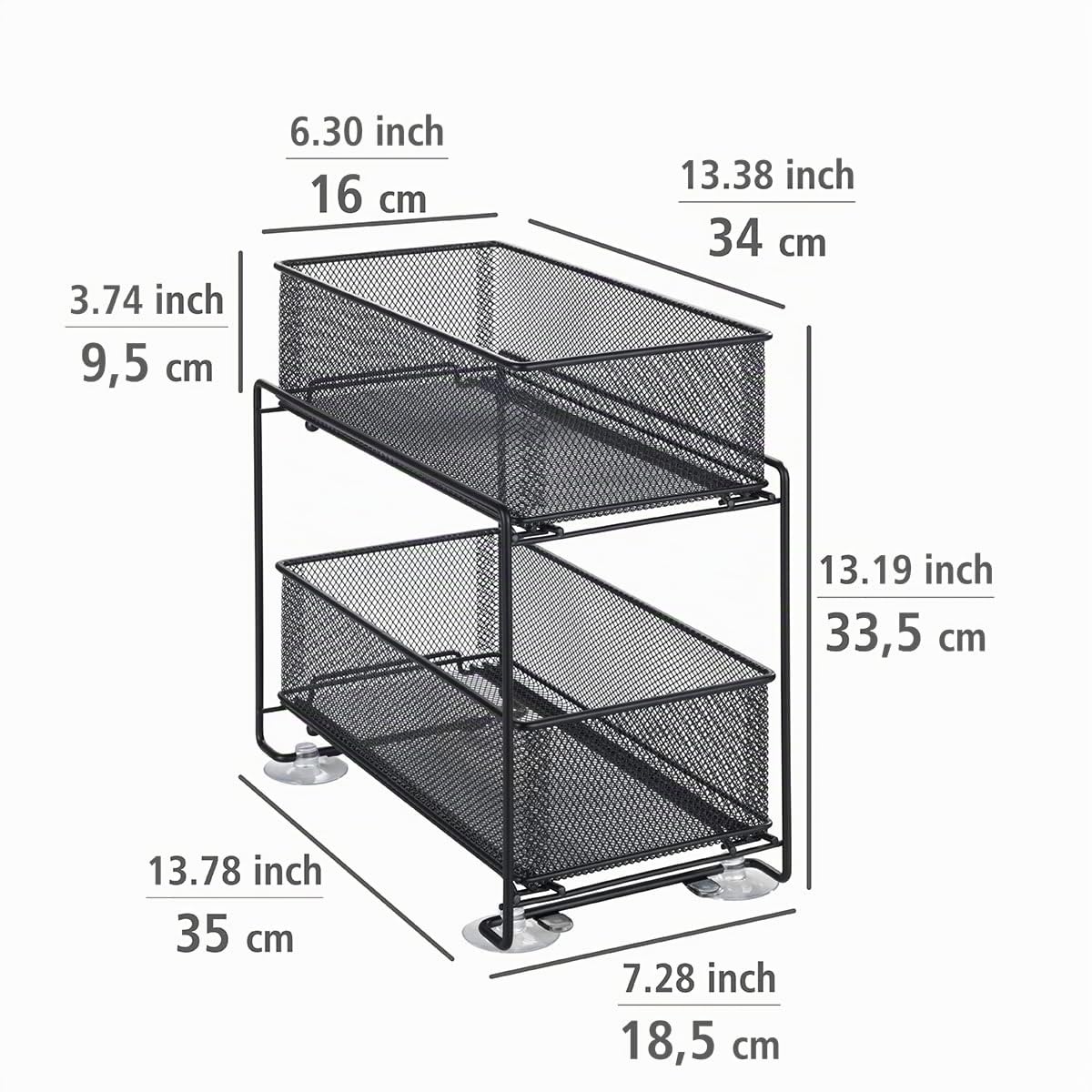 WENKO Estantería Gioma, de Calidad con 2 estantes y Cesta extraíble para mobiliario de Cocina o encimeras, cajonera de Cocina, Metal con Recubrimiento de Polvo, 35 x 33,5 x 18,5 cm, Negra