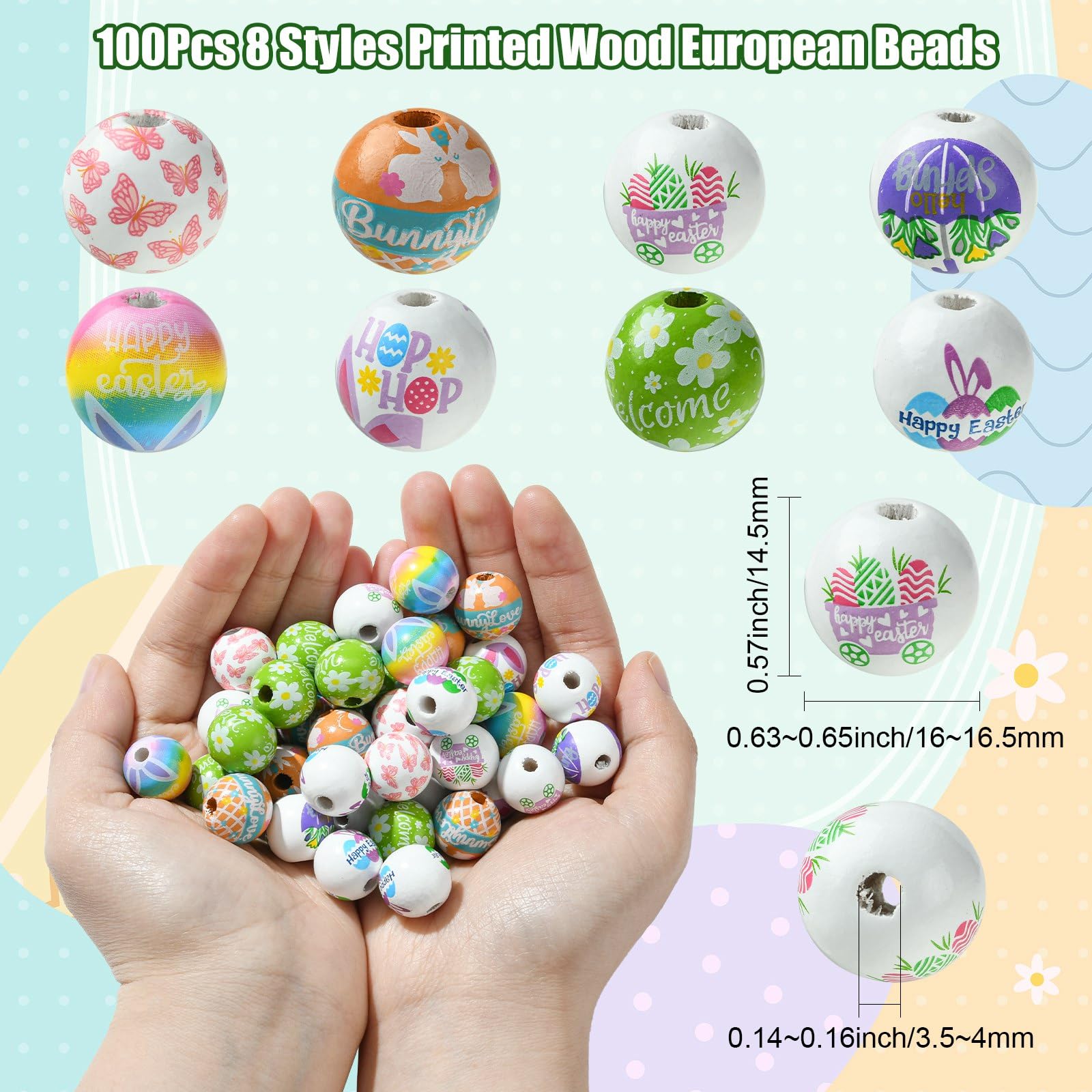 UR URLIFEHALL 100 Pcs 8 Styles Wood Round Beads Spring Theme Pattern Printed Wooden Spacer Loose Beads for Crafts Garland Farmhouse Decor - Image 2