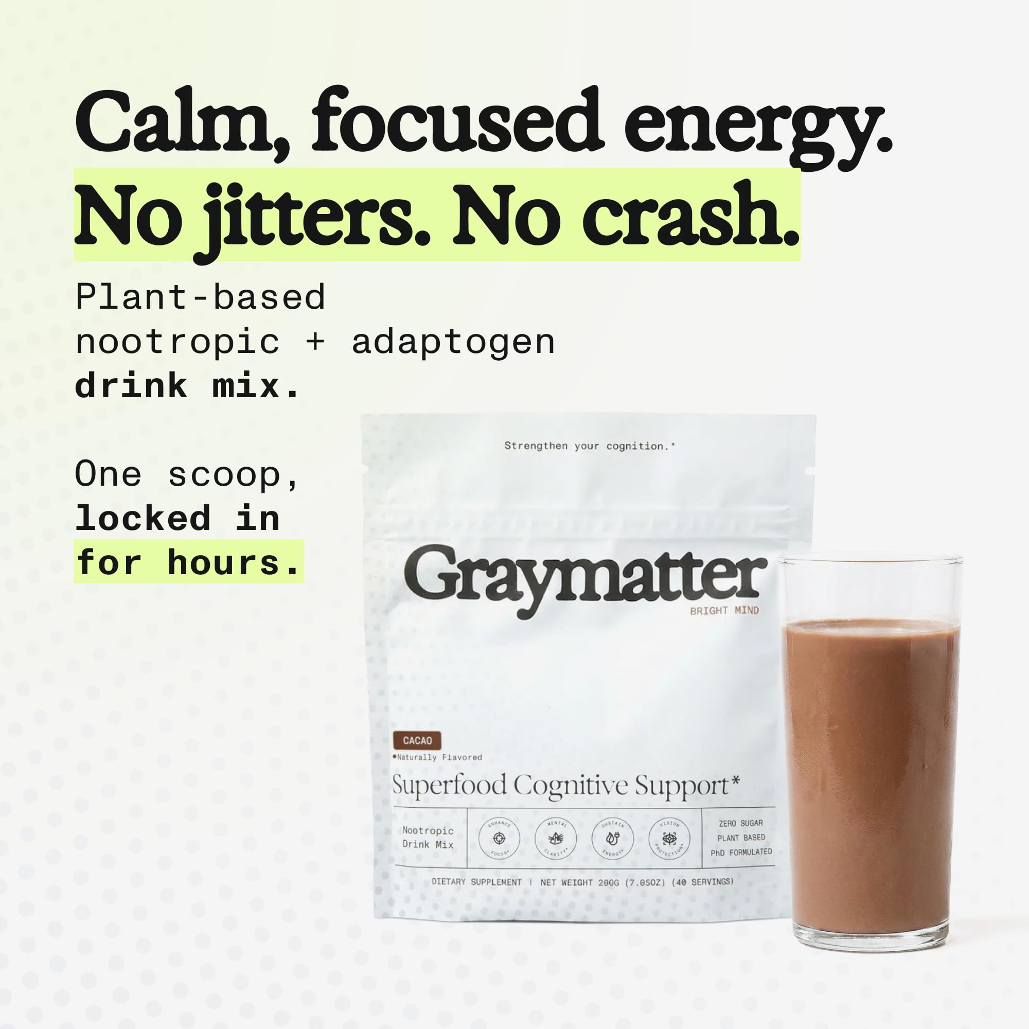 Graymatter Bright Mind Focus Supplement Drink Mix, Cacao - 40 Servings — Amazon image 3