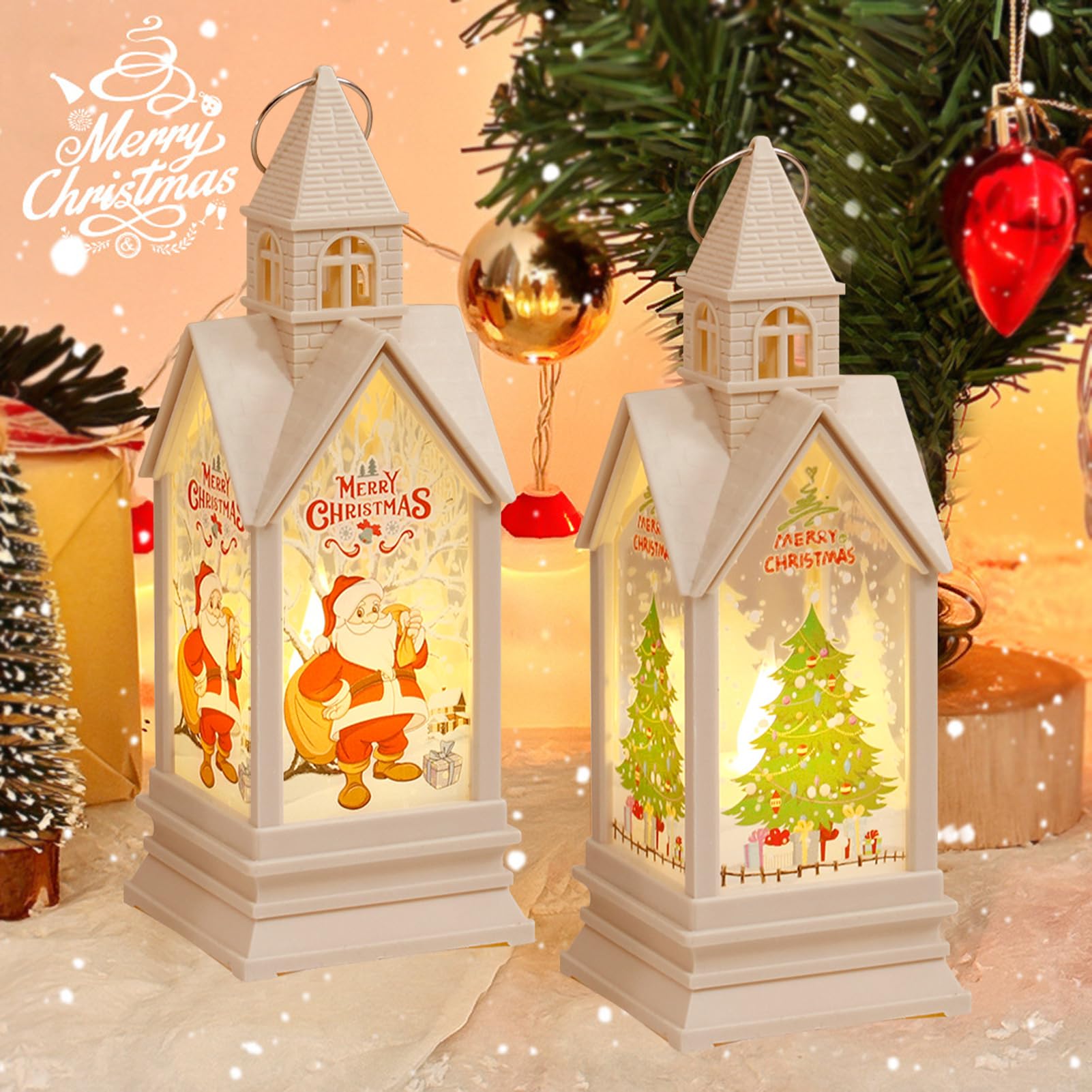 Weihnachtsdeko Laterne Häuser, 2 Stück Weihnachtshaus Beleuchtet Windlicht Weihnachten Tischdeko Laterne, Weihnachtslaterne zum Aufhängen, Weihnachtsdekoration Innen Häuser Ornamente (A) Beleuchtung