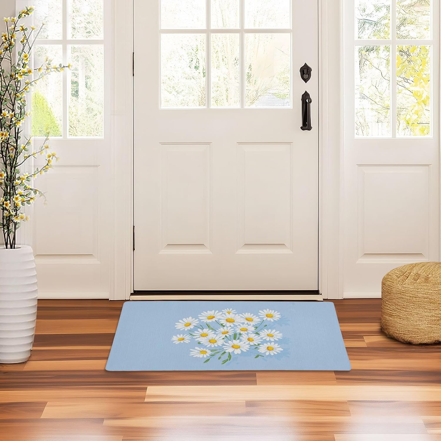 White Blue Daisies Door Mat Doormat Non-Slip Backing Outdoor Welcome Mat Indoor Entrance for Home